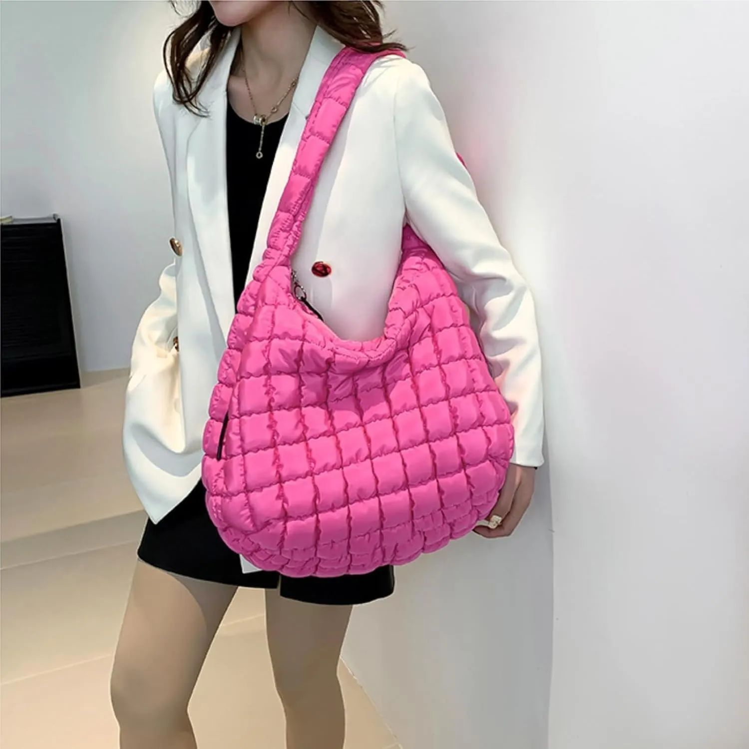 Quilted Puffer Crossbody Bag Lightweight Nylon Puffer Tote Bag Puffy Shoulder Bag Carryall Hobo Bags for Women