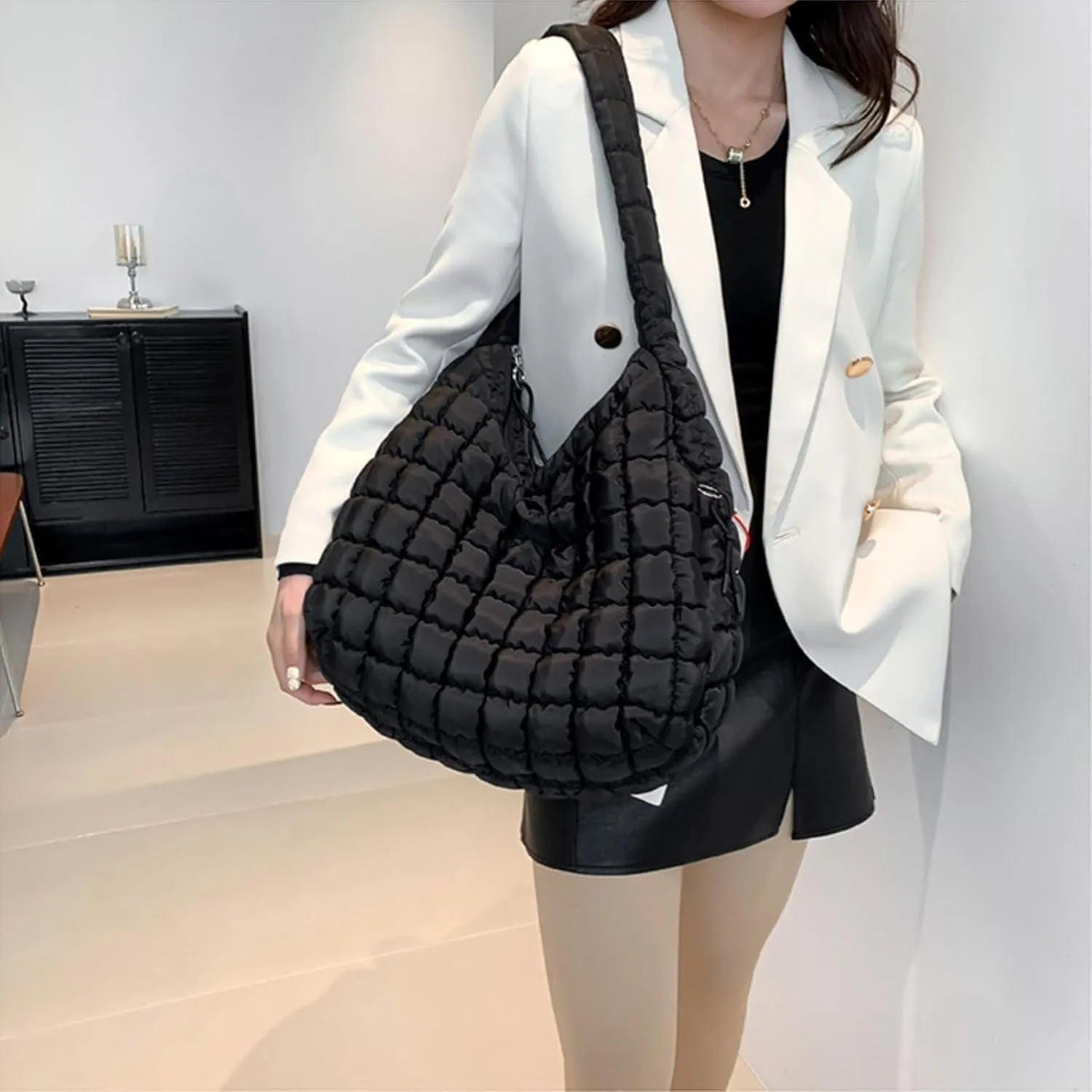 Quilted Puffer Crossbody Bag Lightweight Nylon Puffer Tote Bag Puffy Shoulder Bag Carryall Hobo Bags for Women