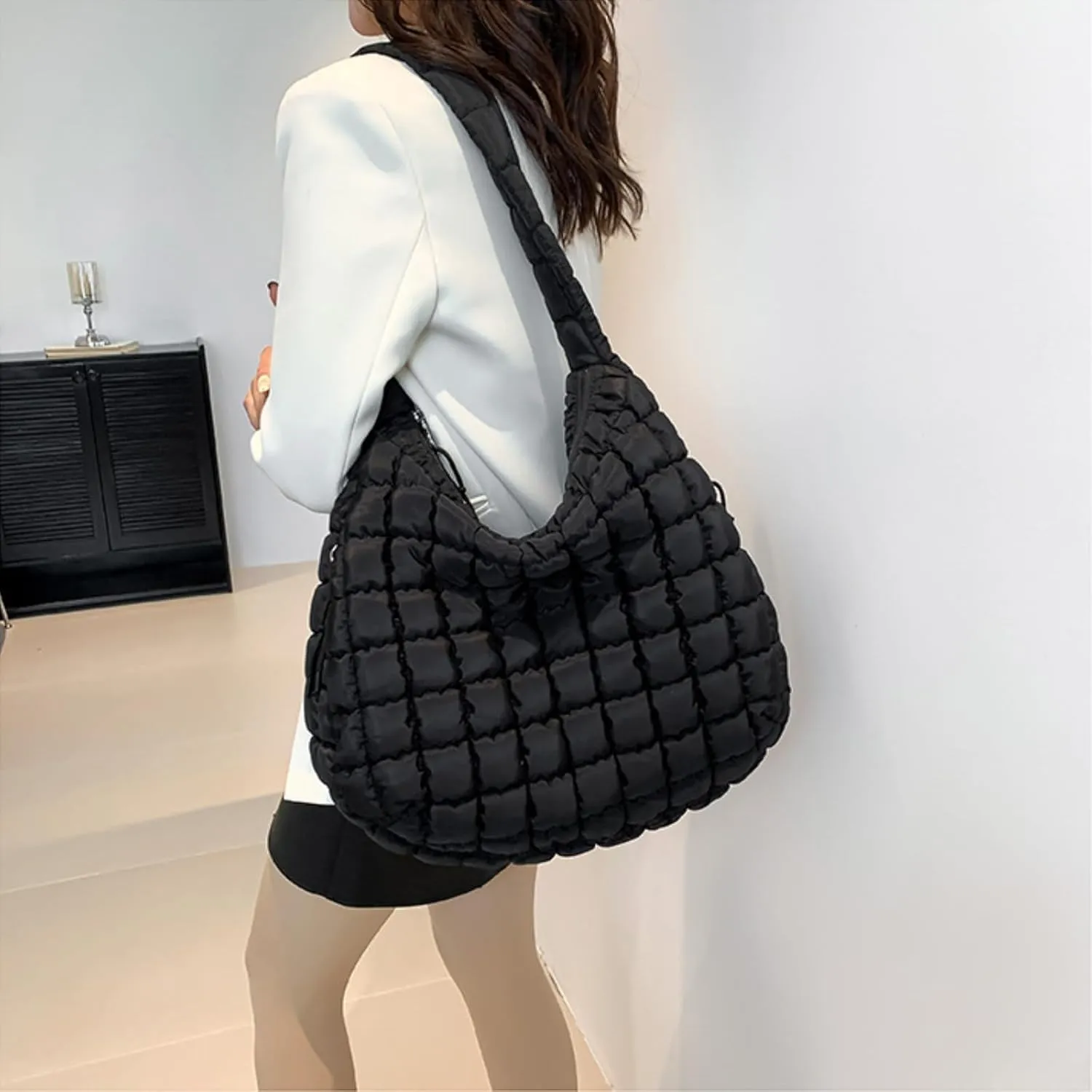 Quilted Puffer Crossbody Bag Lightweight Nylon Puffer Tote Bag Puffy Shoulder Bag Carryall Hobo Bags for Women