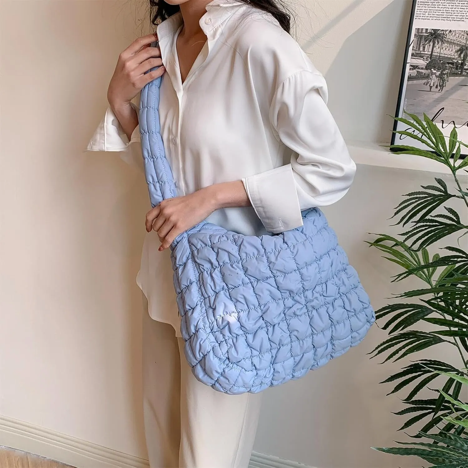 Quilted Puffer Large Shoulder Crossbody for Women Nylon Hobo Pleated Padded Handbag and Purses Lightweight