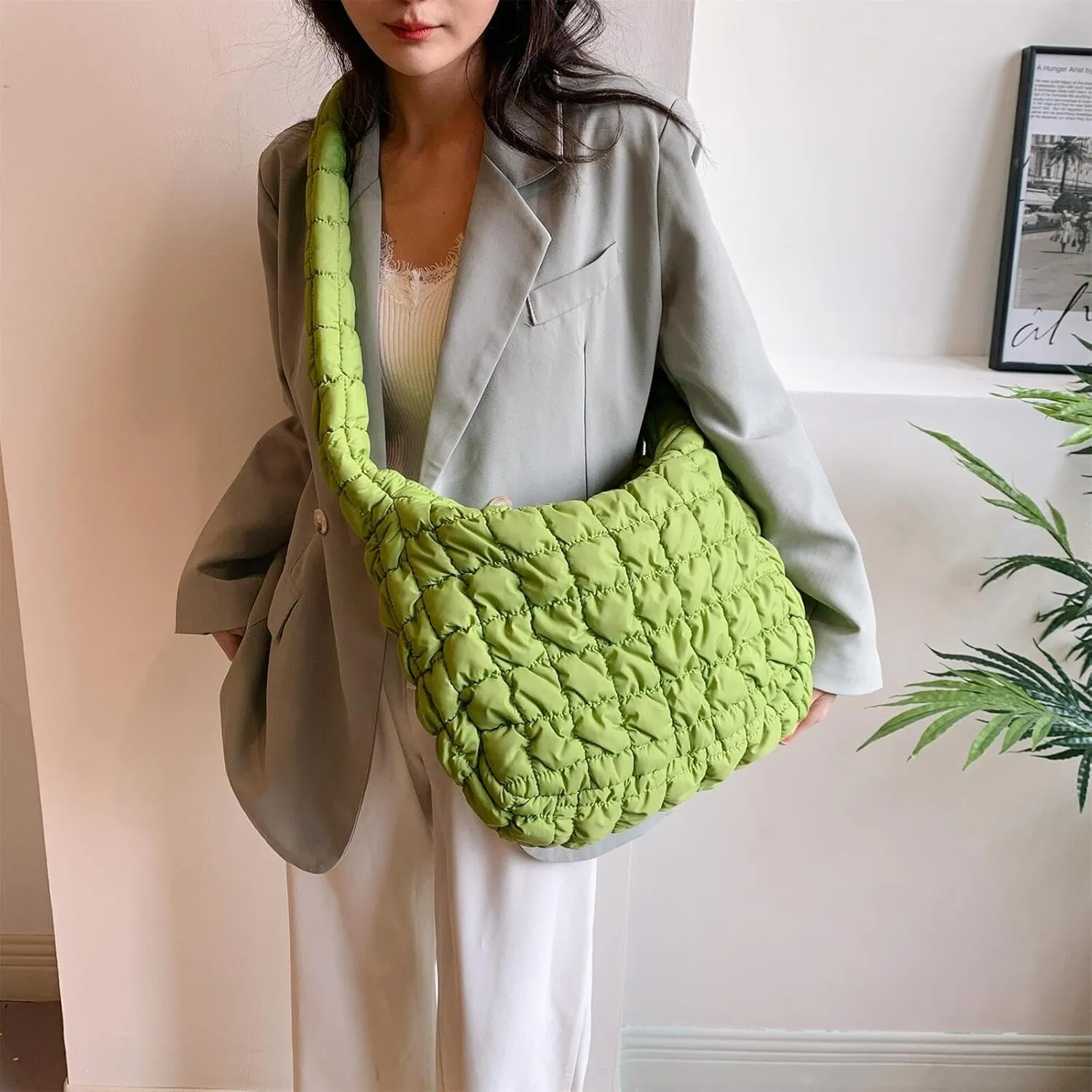 Quilted Puffer Large Shoulder Crossbody for Women Nylon Hobo Pleated Padded Handbag and Purses Lightweight