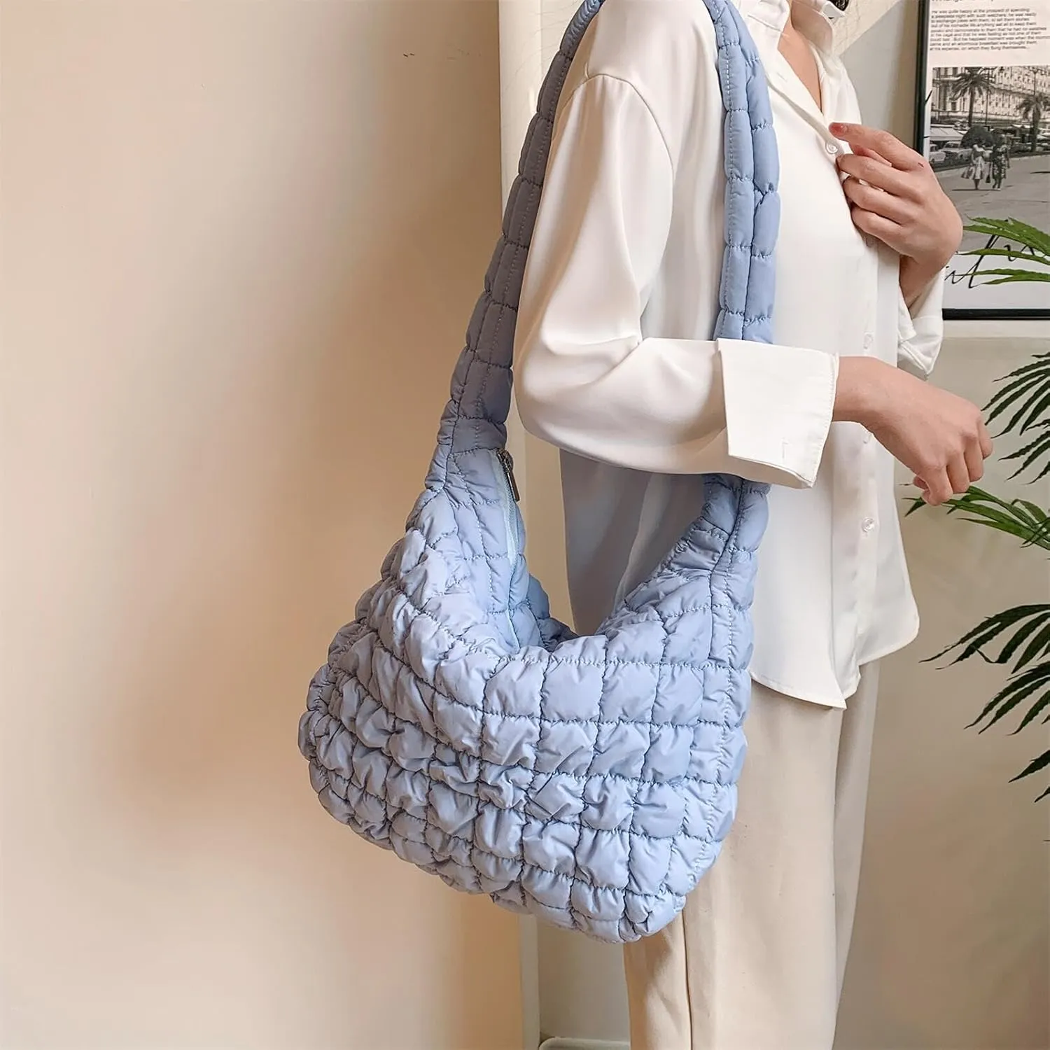 Quilted Puffer Large Shoulder Crossbody for Women Nylon Hobo Pleated Padded Handbag and Purses Lightweight