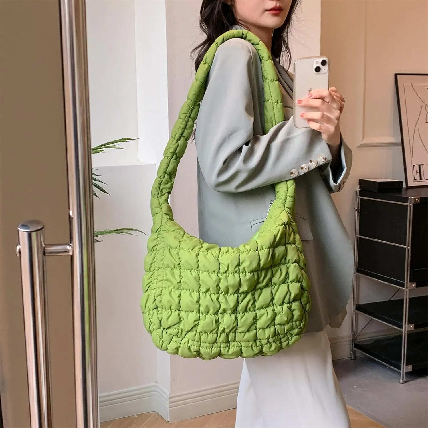 Quilted Puffer Large Shoulder Crossbody for Women Nylon Hobo Pleated Padded Handbag and Purses Lightweight