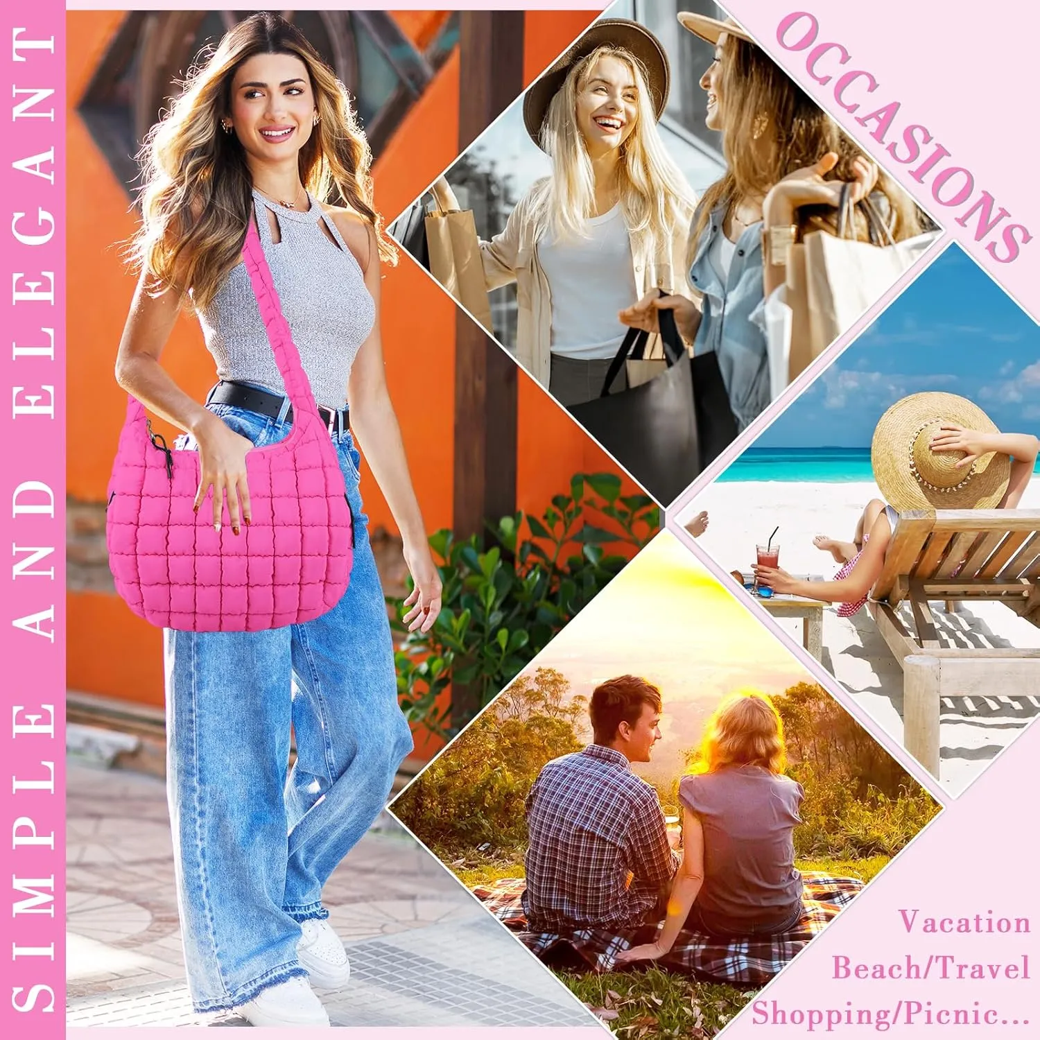 Quilted Puffer Tote Bag for Women - Large Crossbody Bag, Lightweight Nylon Puffy Carryall Hobo Puff Shoulder Bag