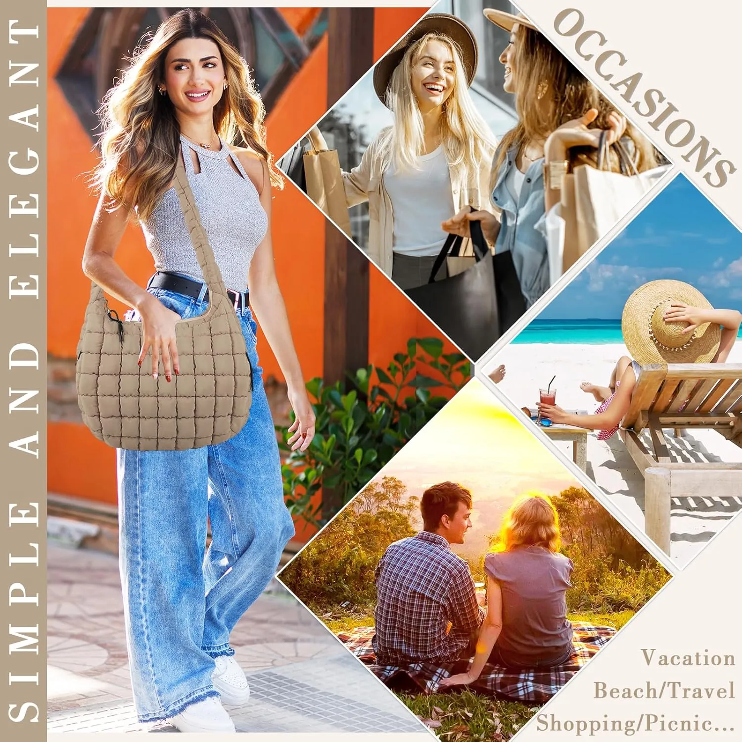 Quilted Puffer Tote Bag for Women - Large Crossbody Bag, Lightweight Nylon Puffy Carryall Hobo Puff Shoulder Bag