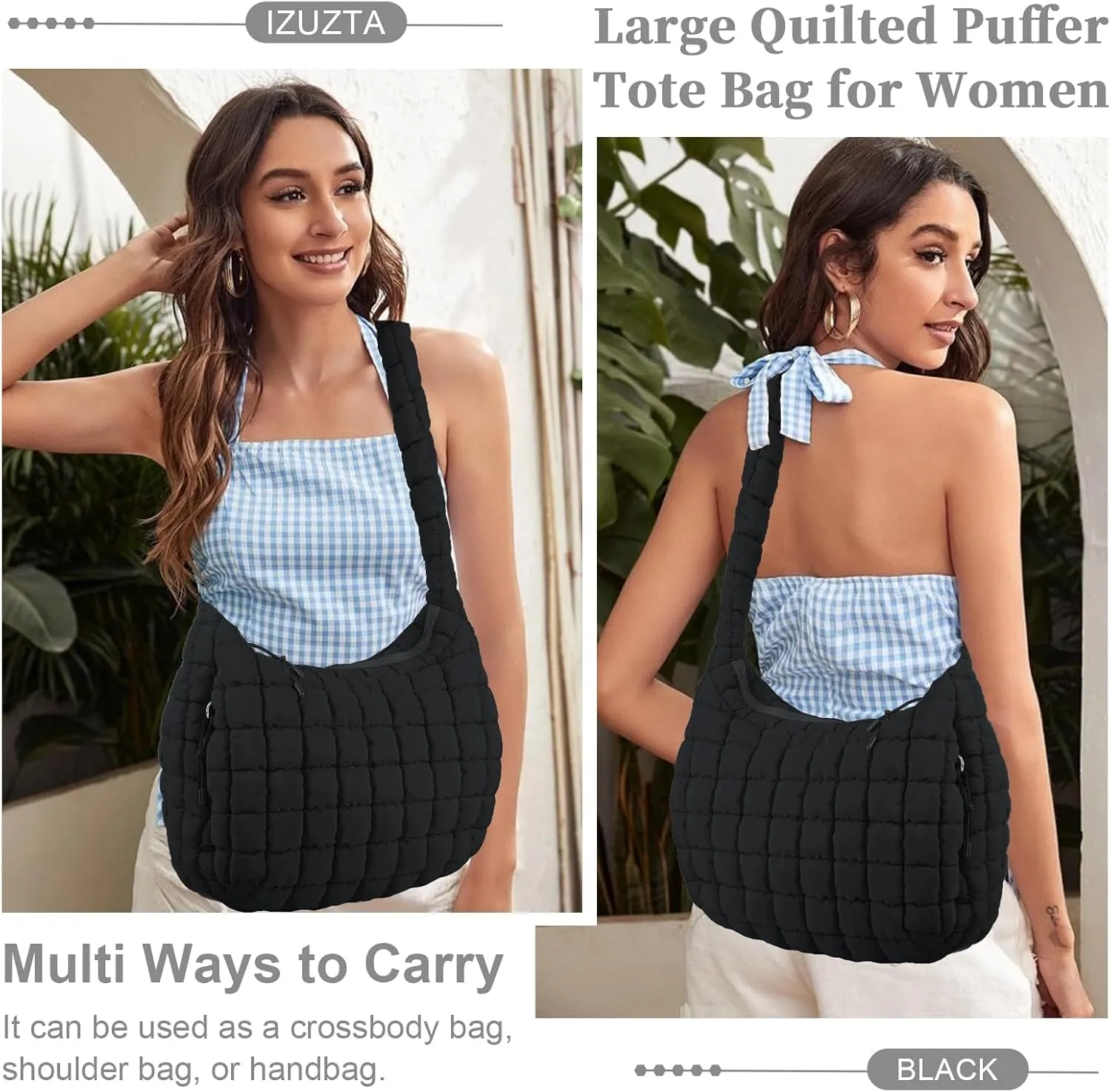 Quilted Puffer Tote Bag for Women - Large Crossbody Bag, Lightweight Nylon Puffy Carryall Hobo Puff Shoulder Bag