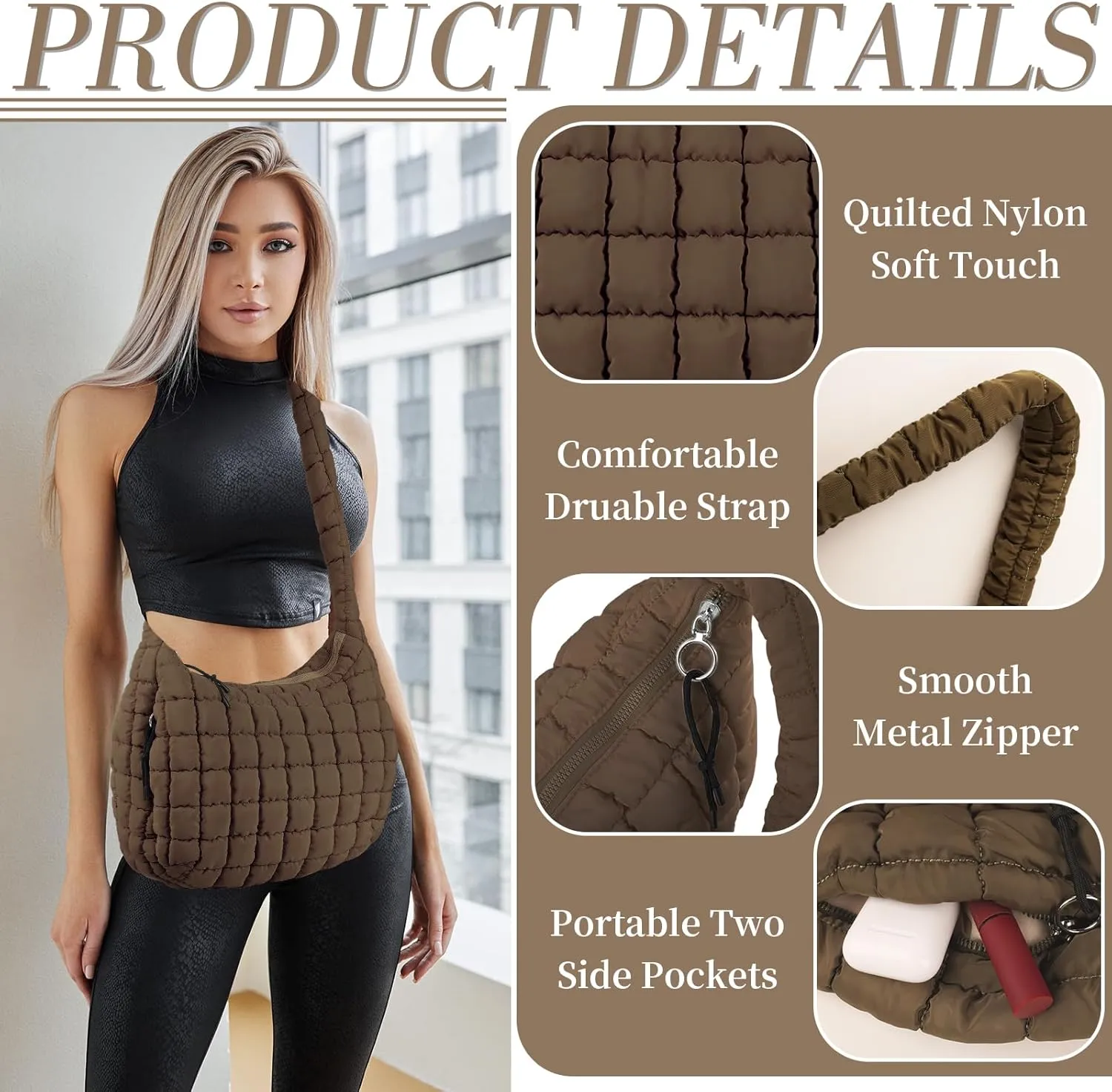Quilted Puffer Tote Bag for Women - Large Crossbody Bag, Lightweight Nylon Puffy Carryall Hobo Puff Shoulder Bag