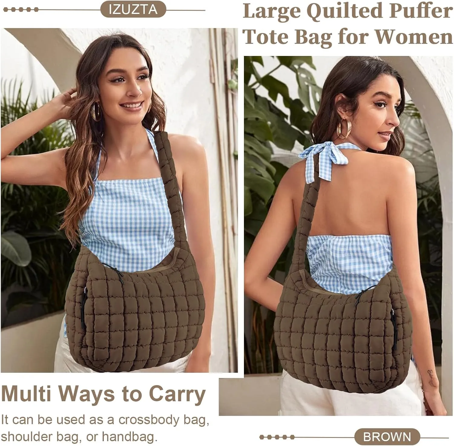 Quilted Puffer Tote Bag for Women - Large Crossbody Bag, Lightweight Nylon Puffy Carryall Hobo Puff Shoulder Bag