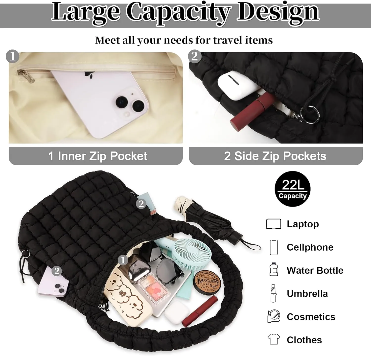 Quilted Puffer Tote Bag for Women - Large Crossbody Bag, Lightweight Nylon Puffy Carryall Hobo Puff Shoulder Bag