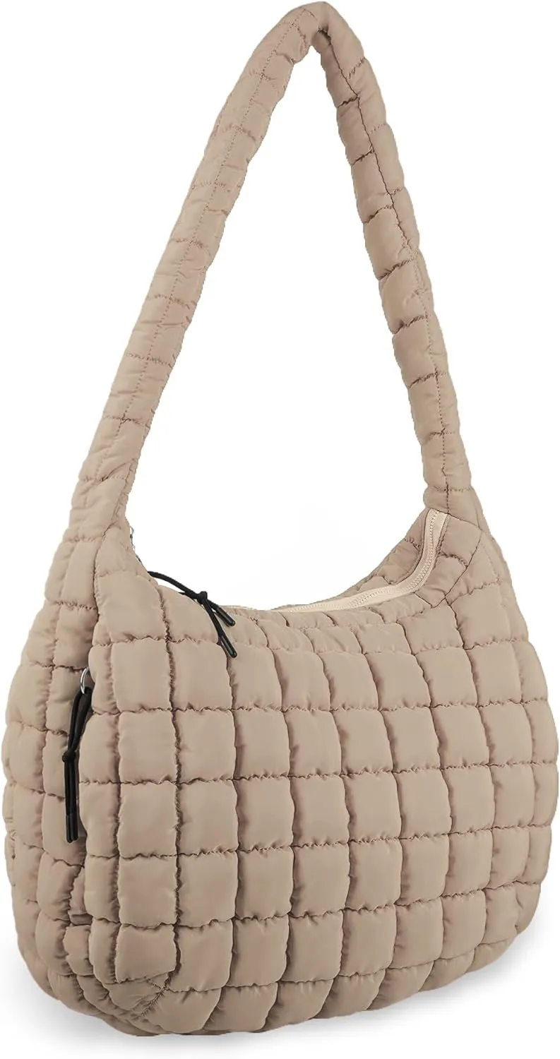 Quilted Puffer Tote Bag for Women - Large Crossbody Bag, Lightweight Nylon Puffy Carryall Hobo Puff Shoulder Bag