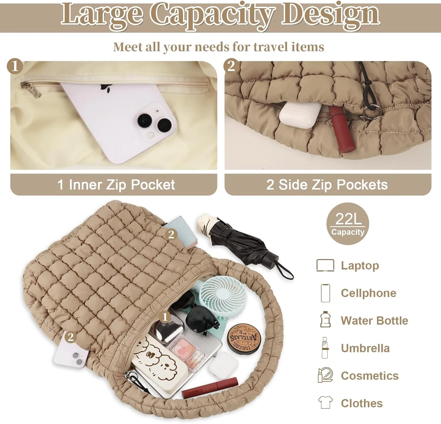 Quilted Puffer Tote Bag for Women - Large Crossbody Bag, Lightweight Nylon Puffy Carryall Hobo Puff Shoulder Bag