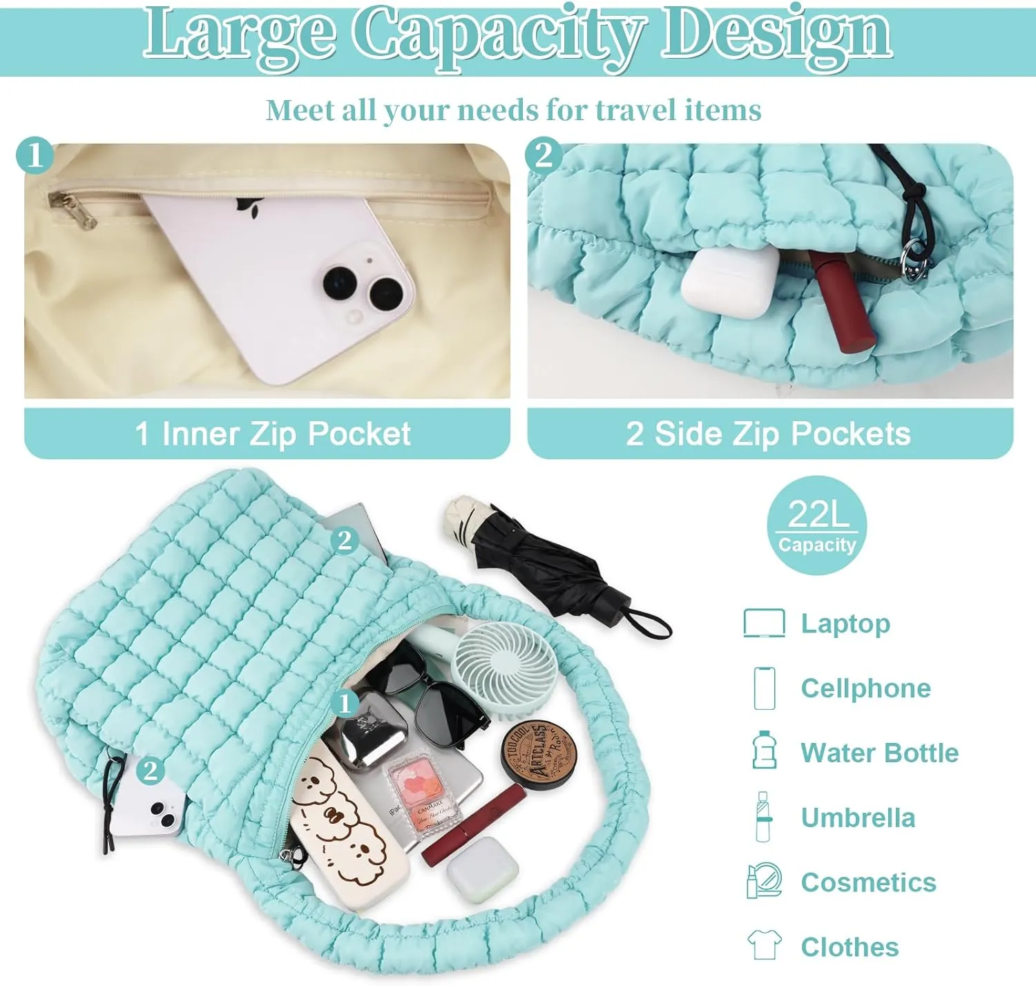 Quilted Puffer Tote Bag for Women - Large Crossbody Bag, Lightweight Nylon Puffy Carryall Hobo Puff Shoulder Bag