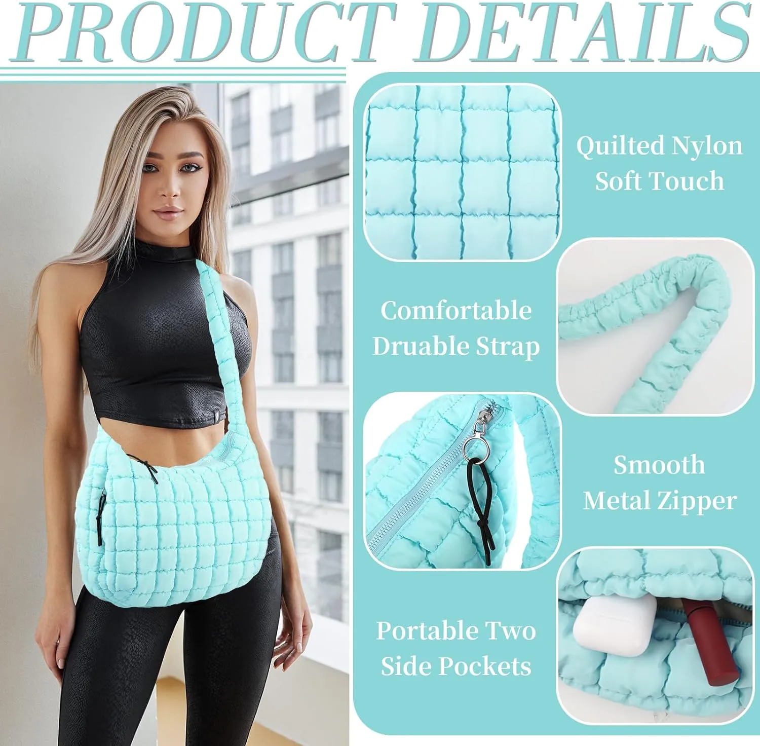 Quilted Puffer Tote Bag for Women - Large Crossbody Bag, Lightweight Nylon Puffy Carryall Hobo Puff Shoulder Bag