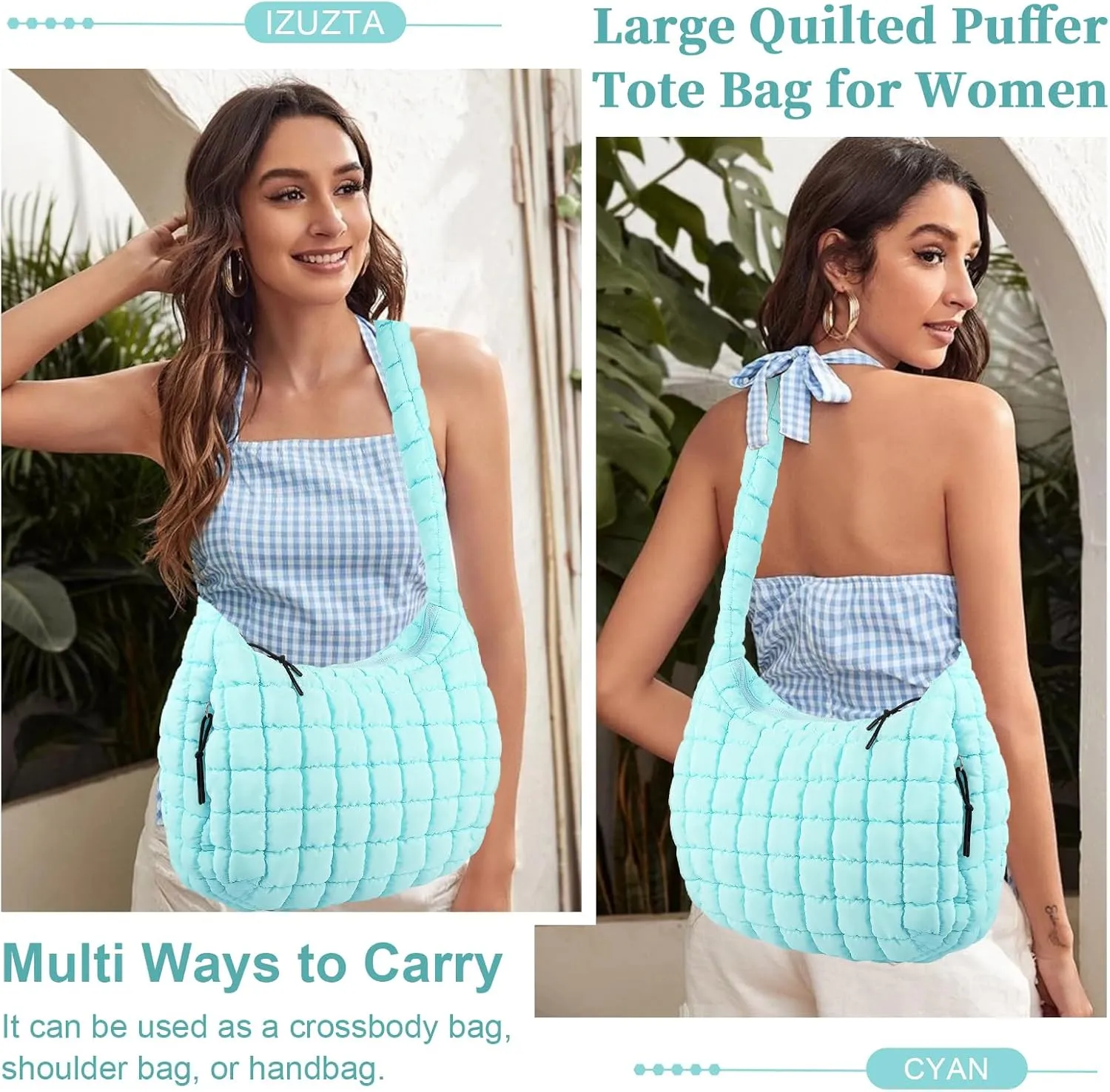 Quilted Puffer Tote Bag for Women - Large Crossbody Bag, Lightweight Nylon Puffy Carryall Hobo Puff Shoulder Bag