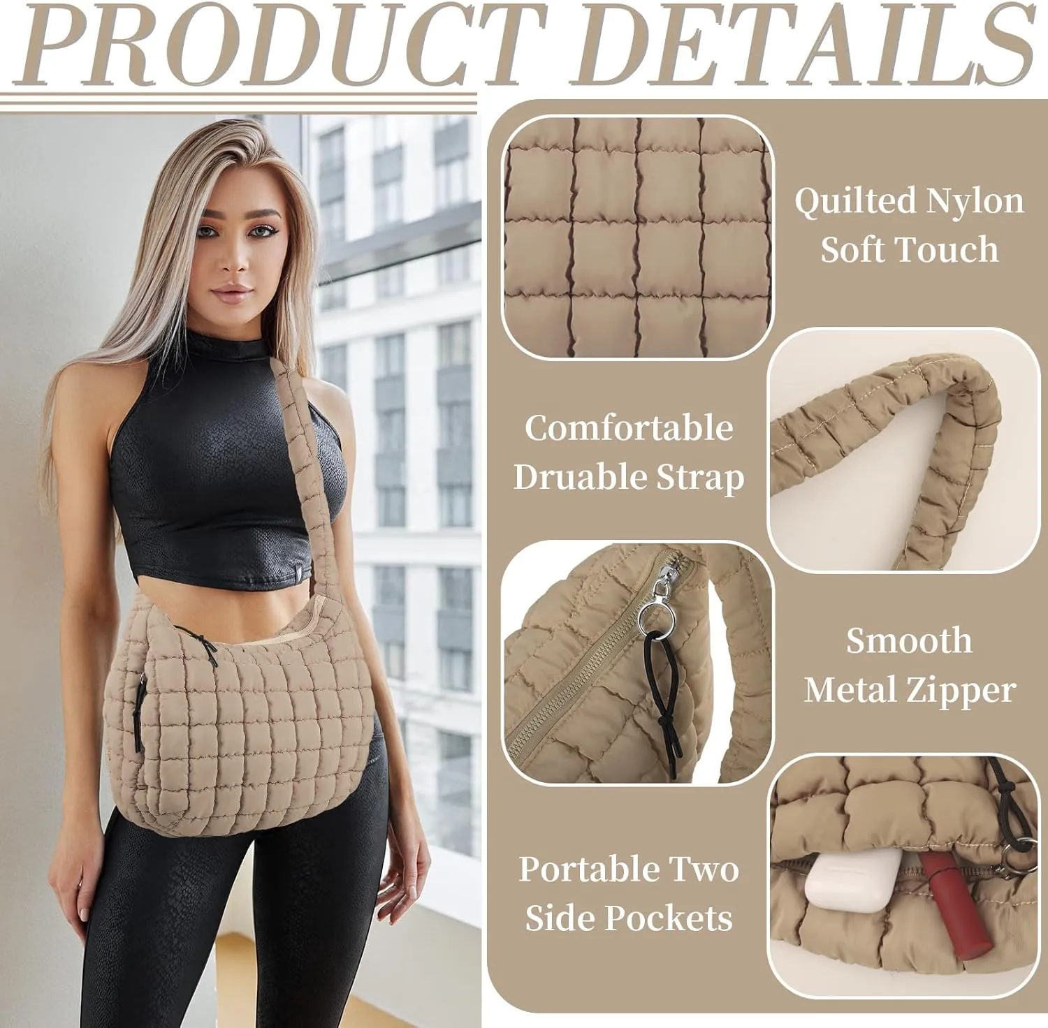 Quilted Puffer Tote Bag for Women - Large Crossbody Bag, Lightweight Nylon Puffy Carryall Hobo Puff Shoulder Bag