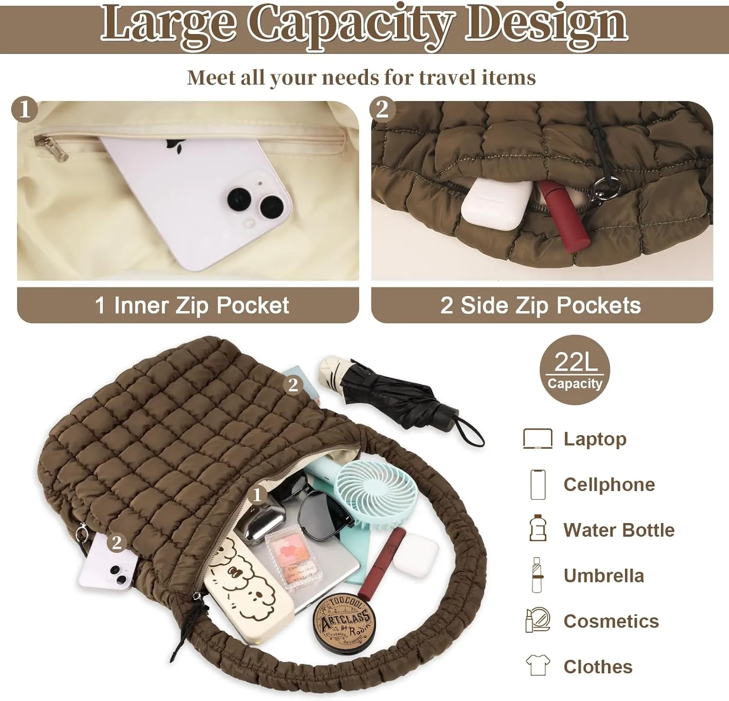 Quilted Puffer Tote Bag for Women - Large Crossbody Bag, Lightweight Nylon Puffy Carryall Hobo Puff Shoulder Bag