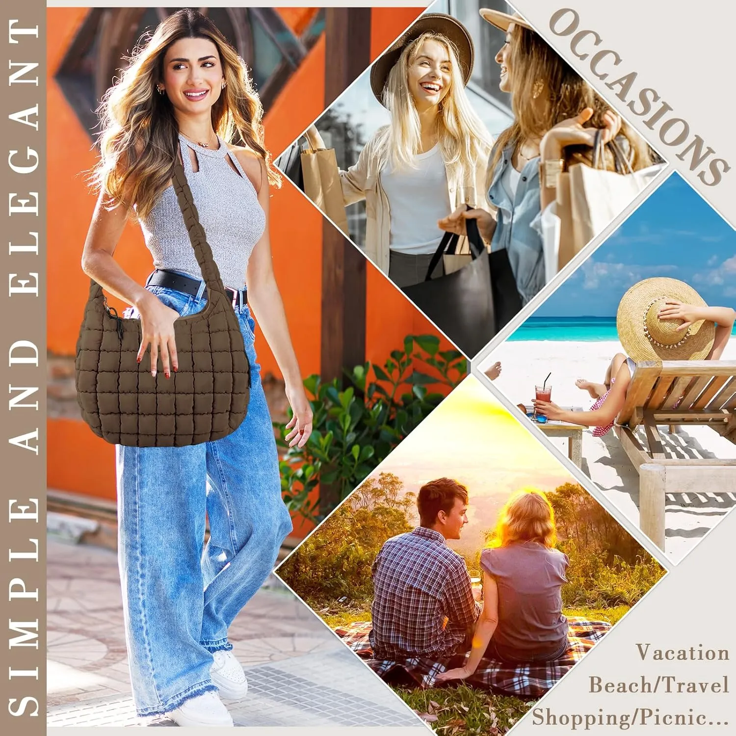 Quilted Puffer Tote Bag for Women - Large Crossbody Bag, Lightweight Nylon Puffy Carryall Hobo Puff Shoulder Bag