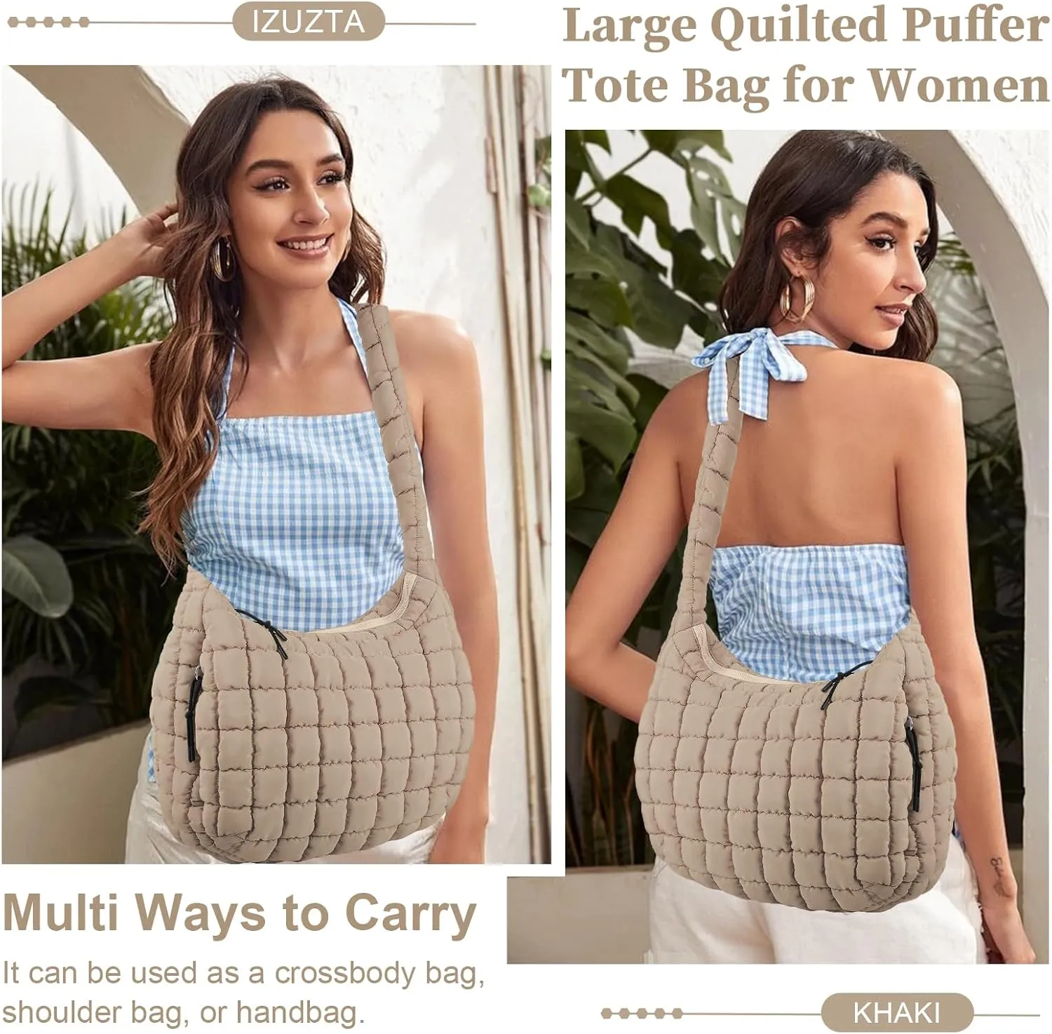Quilted Puffer Tote Bag for Women - Large Crossbody Bag, Lightweight Nylon Puffy Carryall Hobo Puff Shoulder Bag