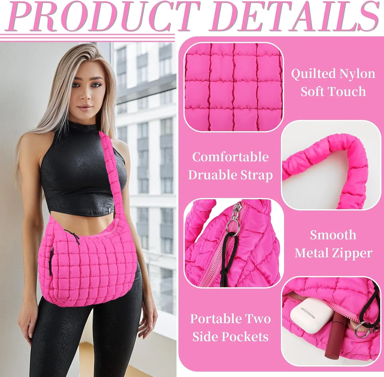Quilted Puffer Tote Bag for Women - Large Crossbody Bag, Lightweight Nylon Puffy Carryall Hobo Puff Shoulder Bag