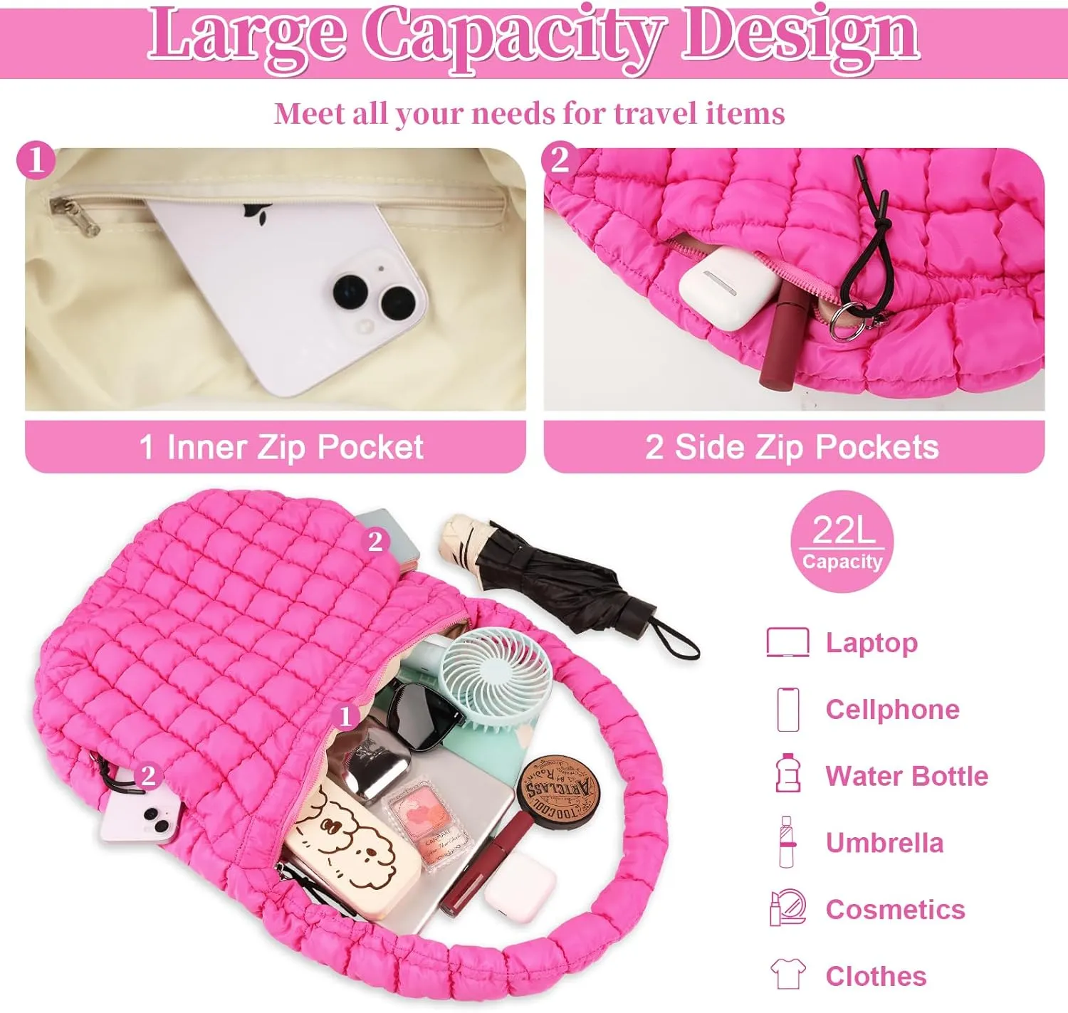 Quilted Puffer Tote Bag for Women - Large Crossbody Bag, Lightweight Nylon Puffy Carryall Hobo Puff Shoulder Bag