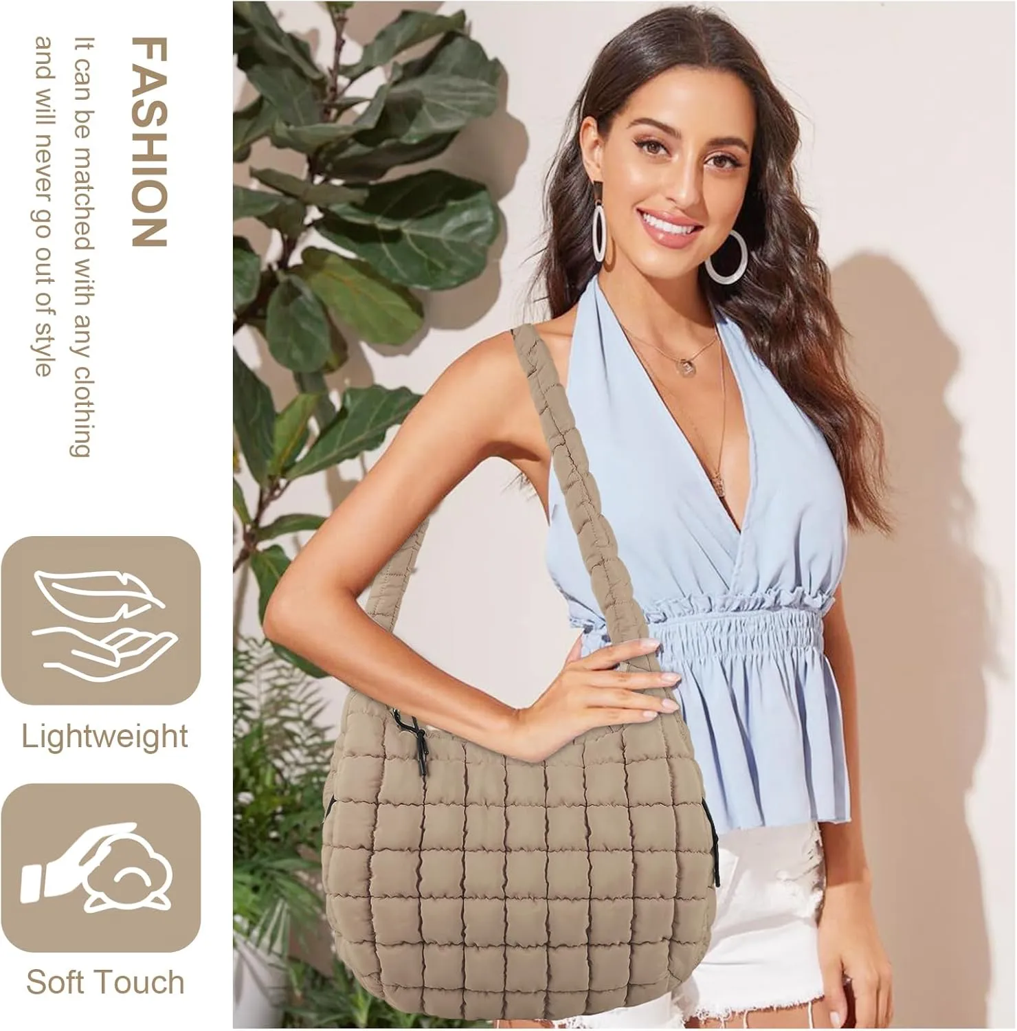 Quilted Puffer Tote Bag for Women - Large Crossbody Bag, Lightweight Nylon Puffy Carryall Hobo Puff Shoulder Bag