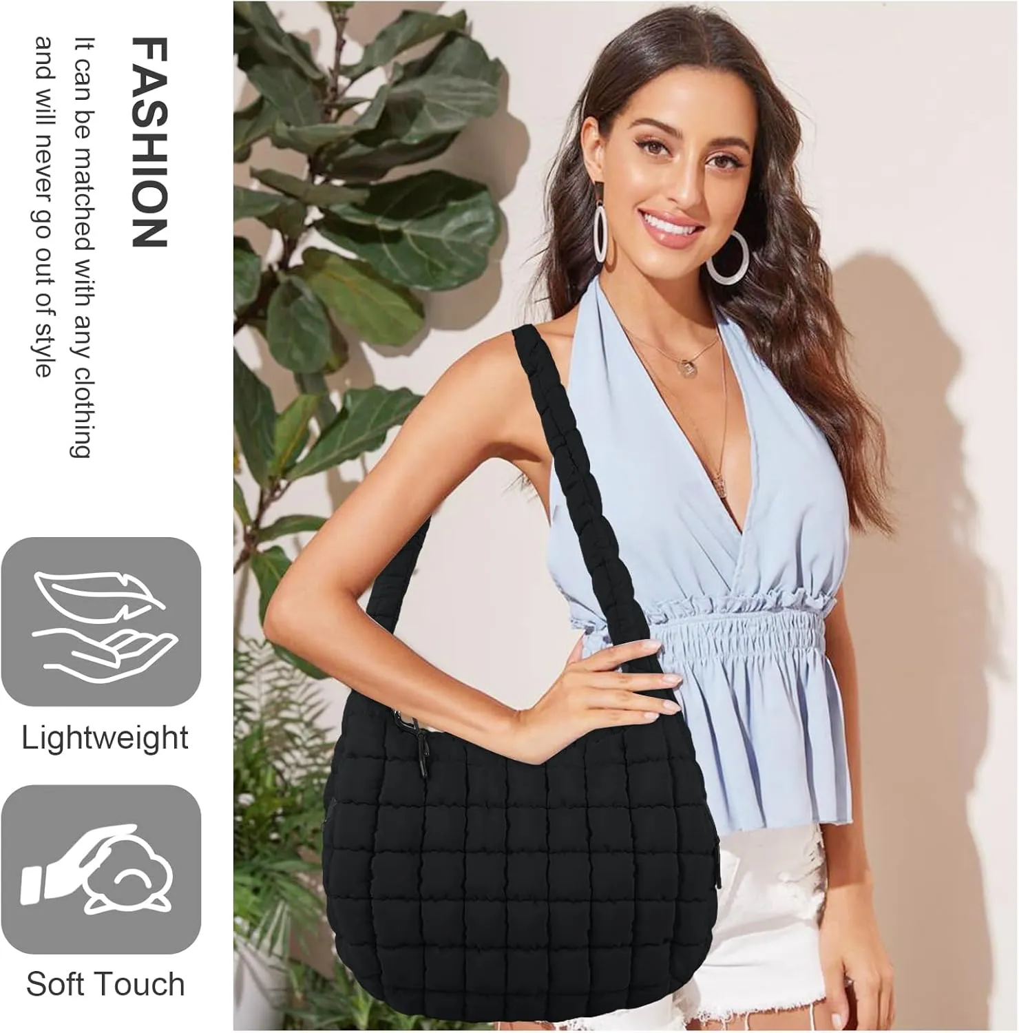 Quilted Puffer Tote Bag for Women - Large Crossbody Bag, Lightweight Nylon Puffy Carryall Hobo Puff Shoulder Bag