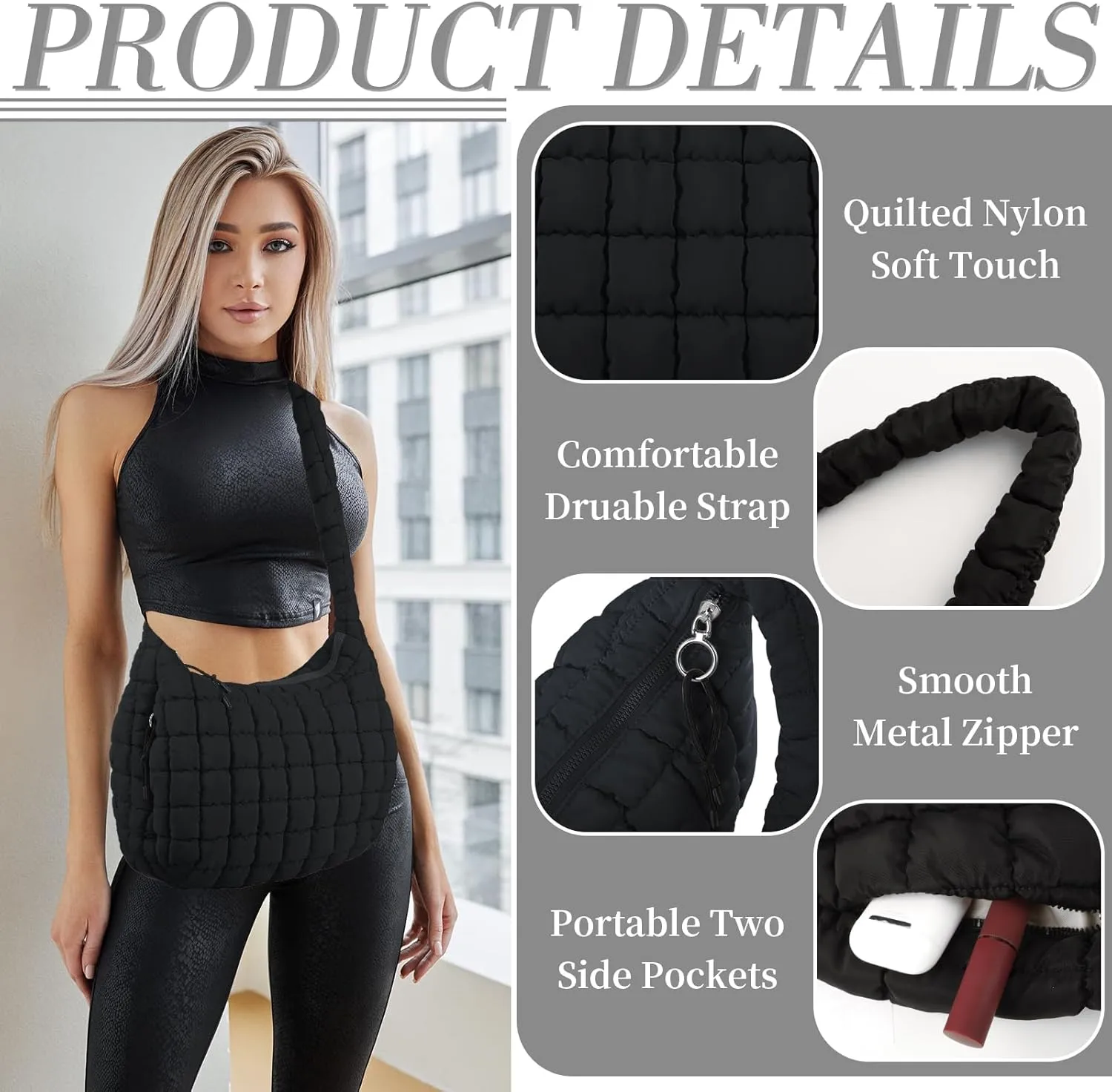 Quilted Puffer Tote Bag for Women - Large Crossbody Bag, Lightweight Nylon Puffy Carryall Hobo Puff Shoulder Bag