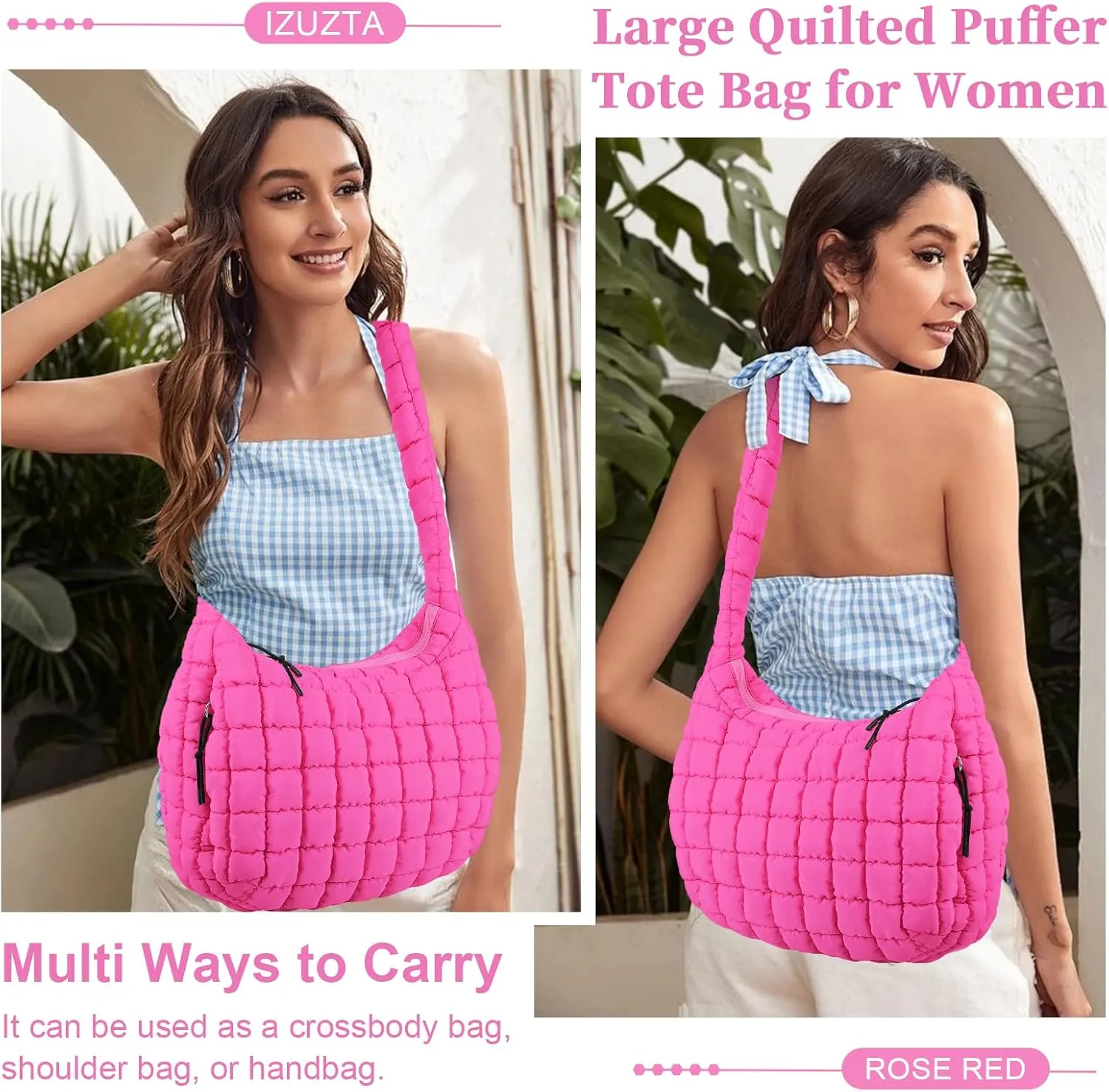 Quilted Puffer Tote Bag for Women - Large Crossbody Bag, Lightweight Nylon Puffy Carryall Hobo Puff Shoulder Bag