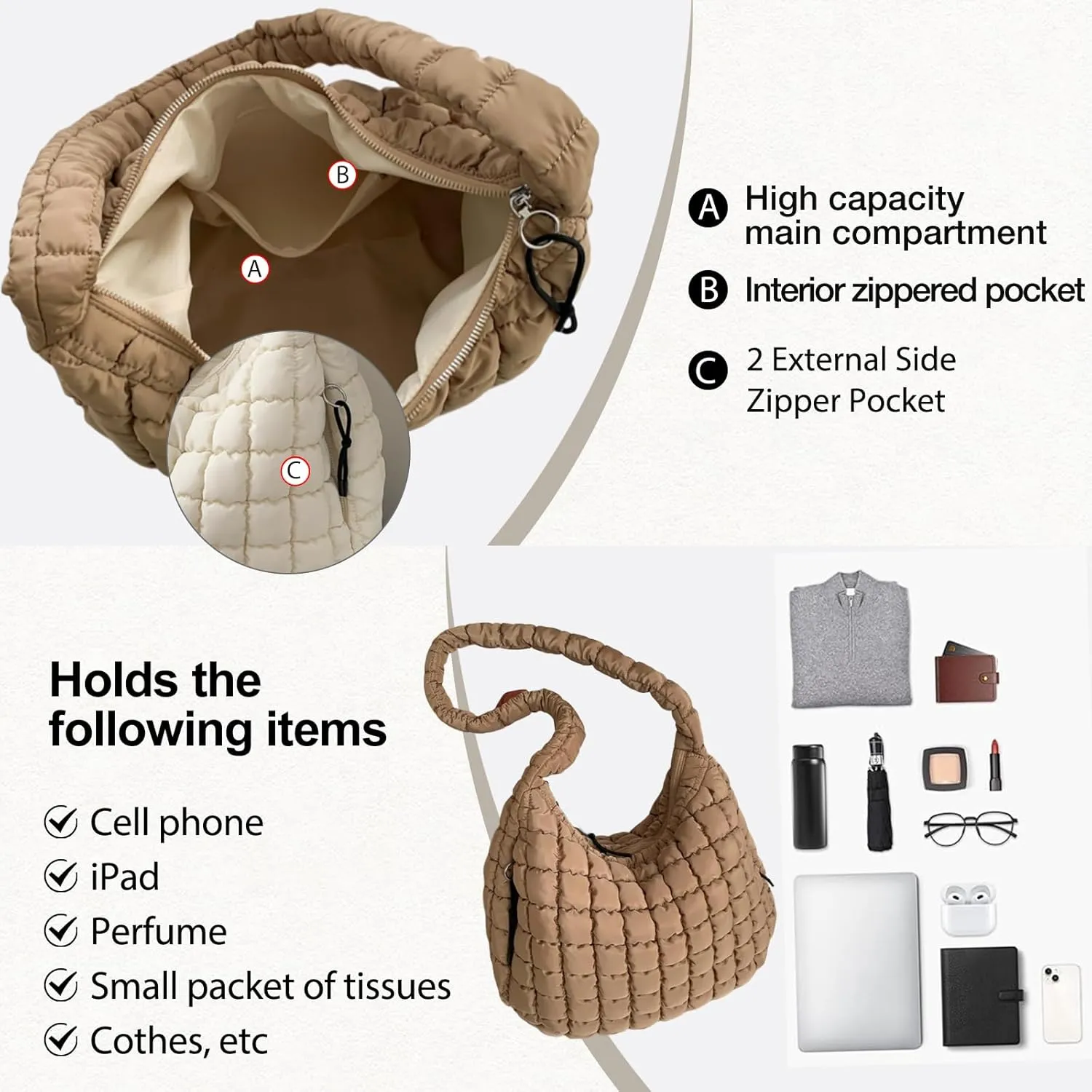 Quilted Puffer Tote Bag for Women Large Quilted Crossbody Bag Lightweight Nylon Puffy Hobo Shoulder Bag Puff Carryall