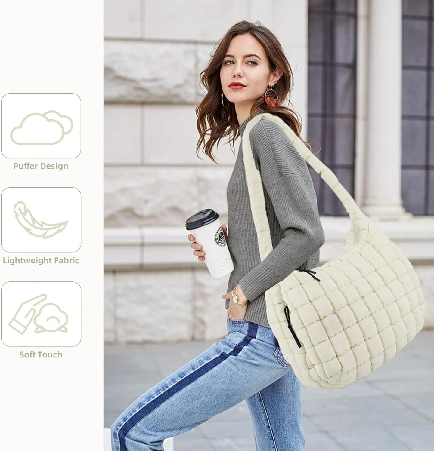 Quilted Puffer Tote Bag for Women Large Quilted Crossbody Hobo Bags Puffy Purse Carryall Bag Nylon Shoulder Handbag