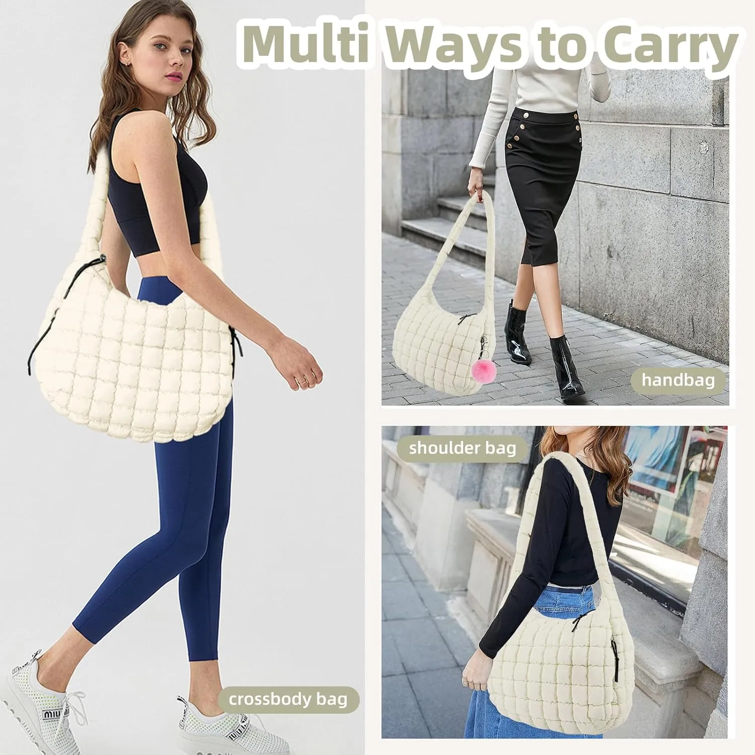 Quilted Puffer Tote Bag for Women Large Quilted Crossbody Hobo Bags Puffy Purse Carryall Bag Nylon Shoulder Handbag