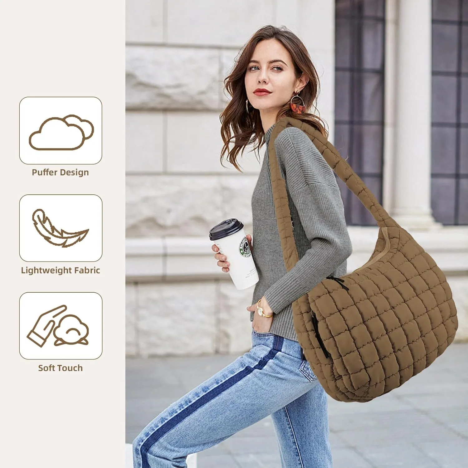 Quilted Puffer Tote Bag for Women Large Quilted Crossbody Hobo Bags Puffy Purse Carryall Bag Nylon Shoulder Handbag