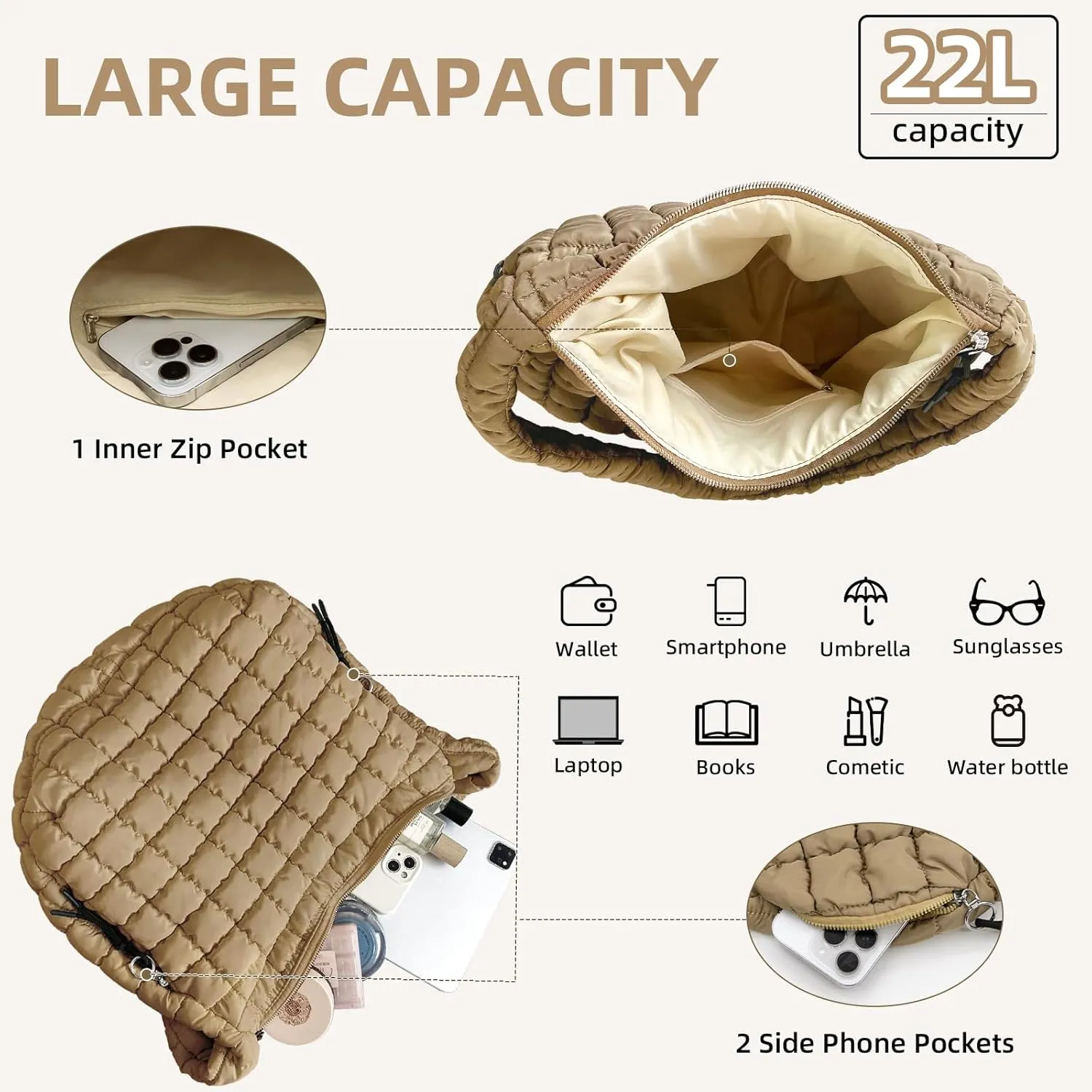 Quilted Puffer Tote Bag for Women Large Quilted Crossbody Hobo Bags Puffy Purse Carryall Bag Nylon Shoulder Handbag