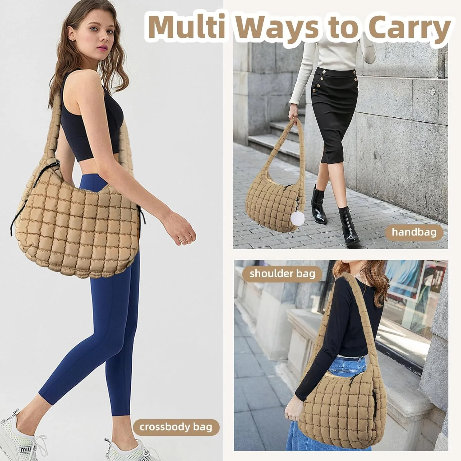 Quilted Puffer Tote Bag for Women Large Quilted Crossbody Hobo Bags Puffy Purse Carryall Bag Nylon Shoulder Handbag
