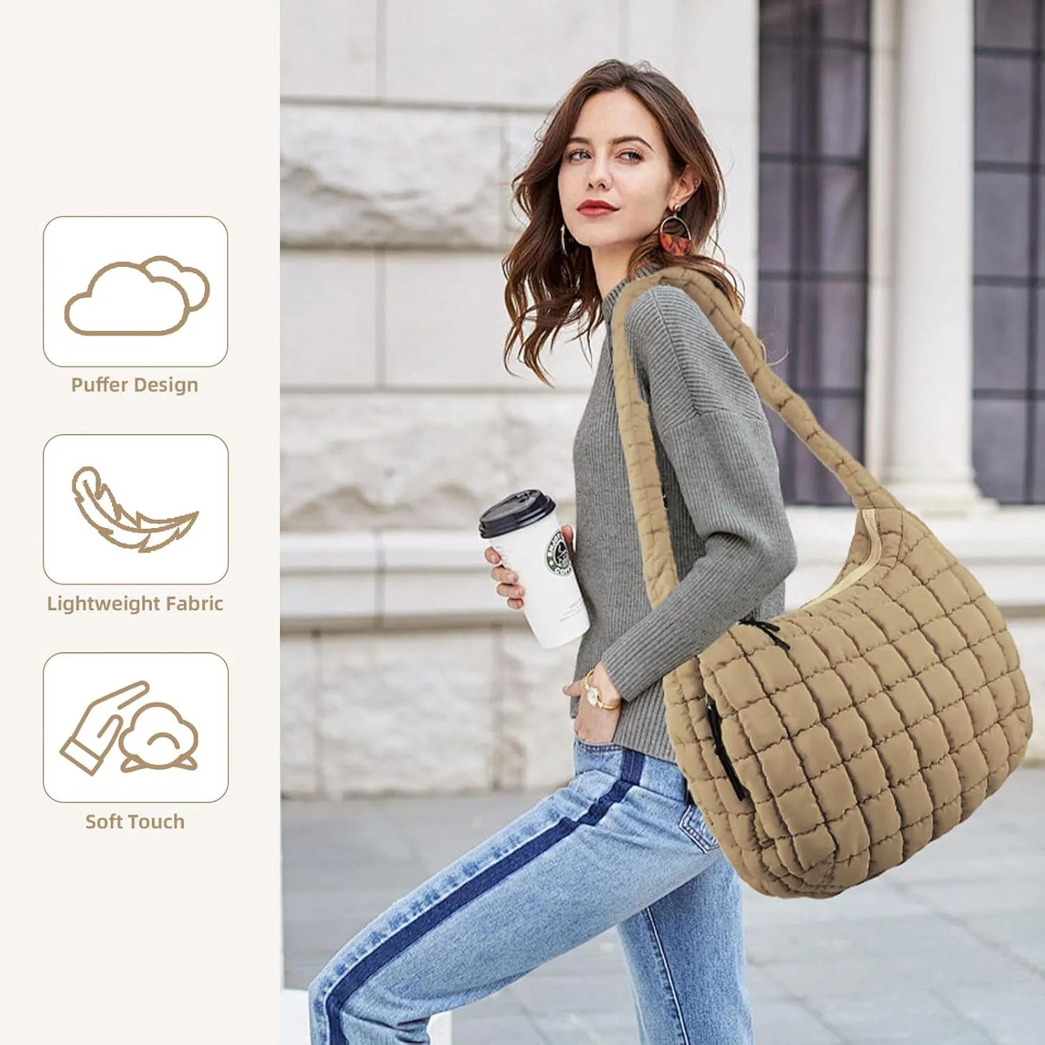 Quilted Puffer Tote Bag for Women Large Quilted Crossbody Hobo Bags Puffy Purse Carryall Bag Nylon Shoulder Handbag
