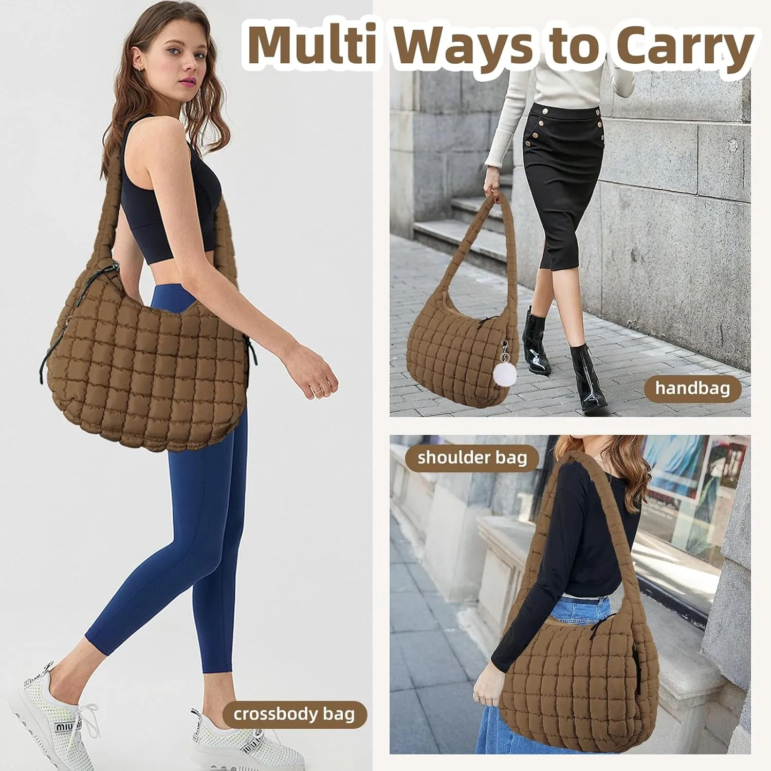 Quilted Puffer Tote Bag for Women Large Quilted Crossbody Hobo Bags Puffy Purse Carryall Bag Nylon Shoulder Handbag