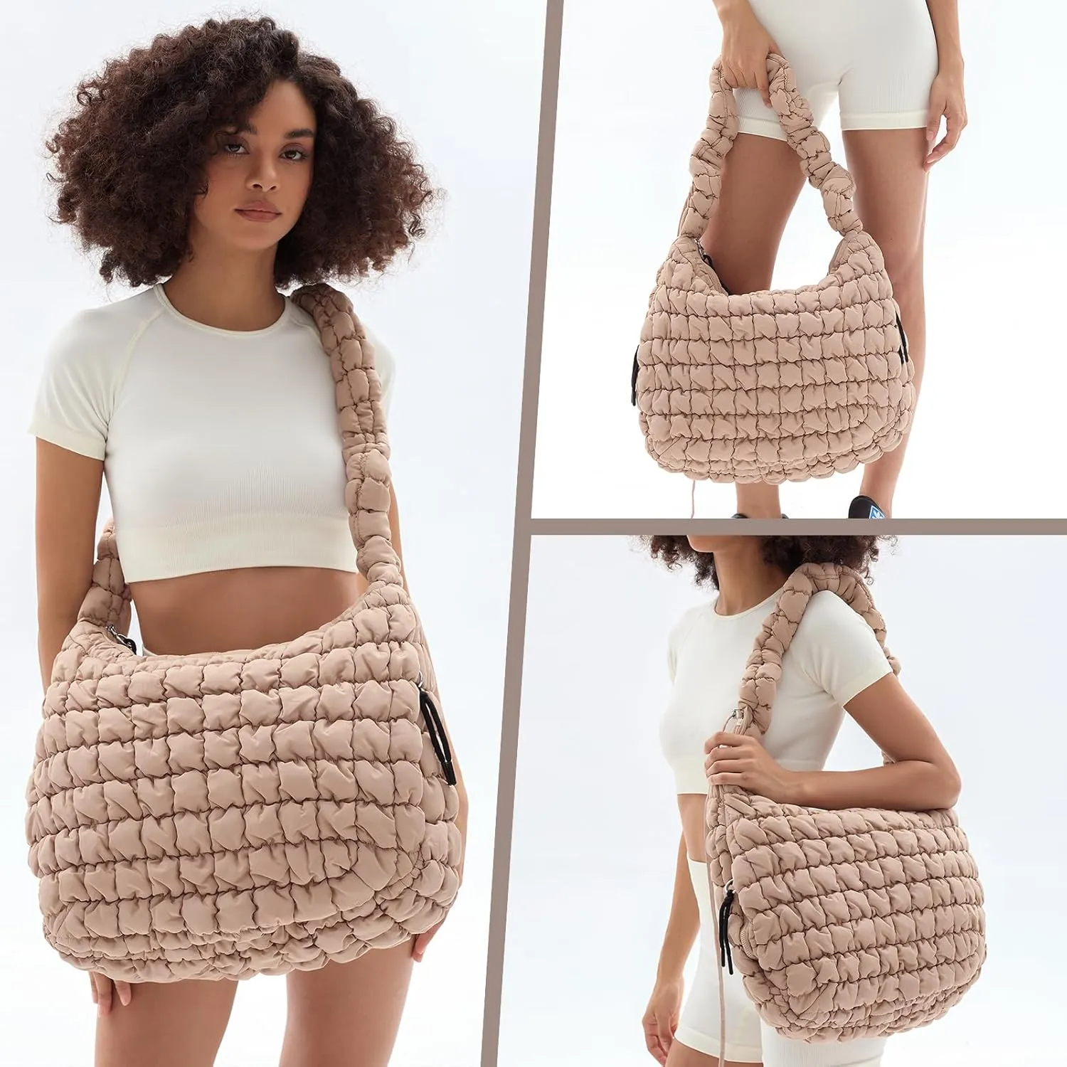 Quilted Puffer Tote Bag Large Crossbody Shoulder Bag Nylon Puffy Bubble Bag with Adjustable Shoulder Strap