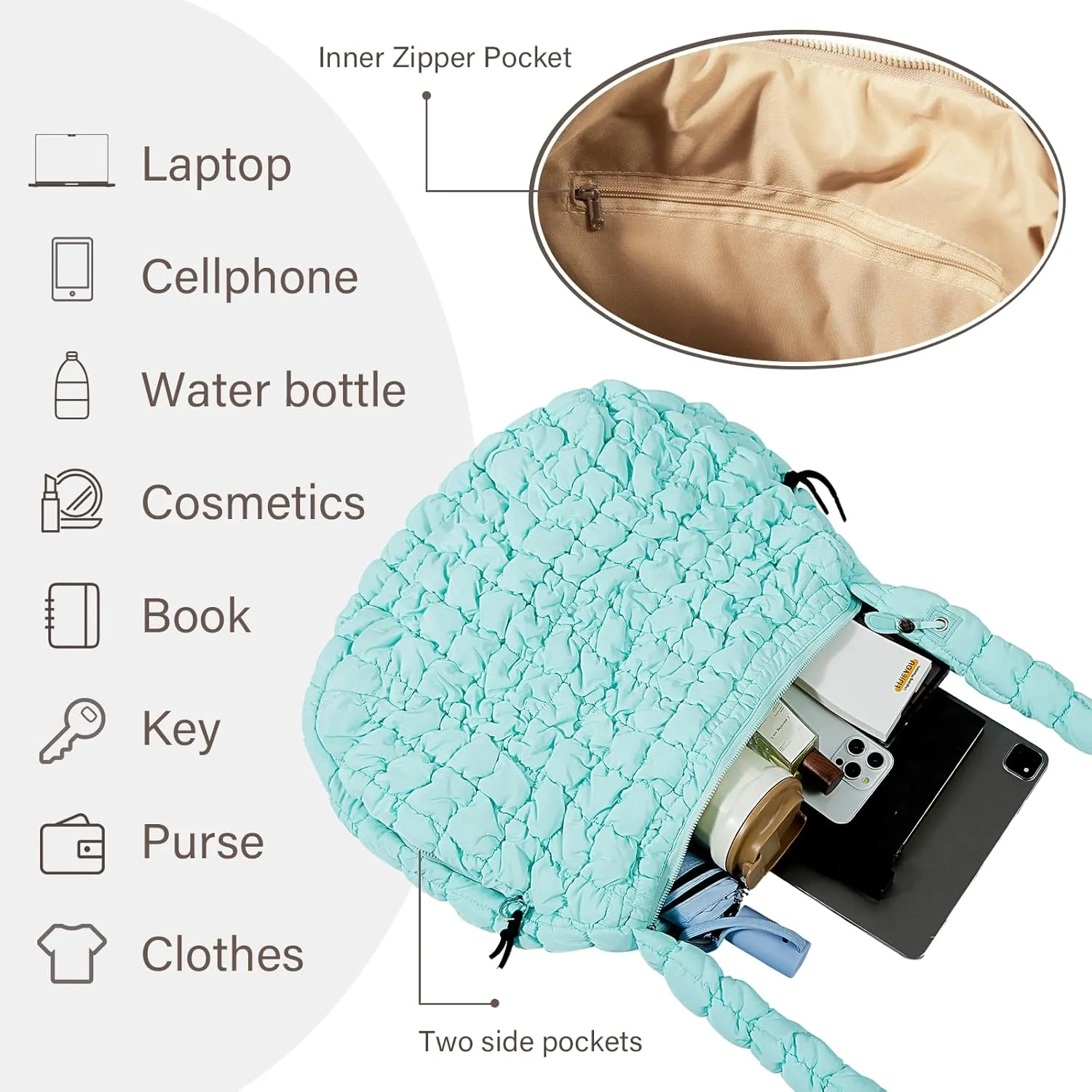 Quilted Puffer Tote Bag Large Crossbody Shoulder Bag Nylon Puffy Bubble Bag with Adjustable Shoulder Strap