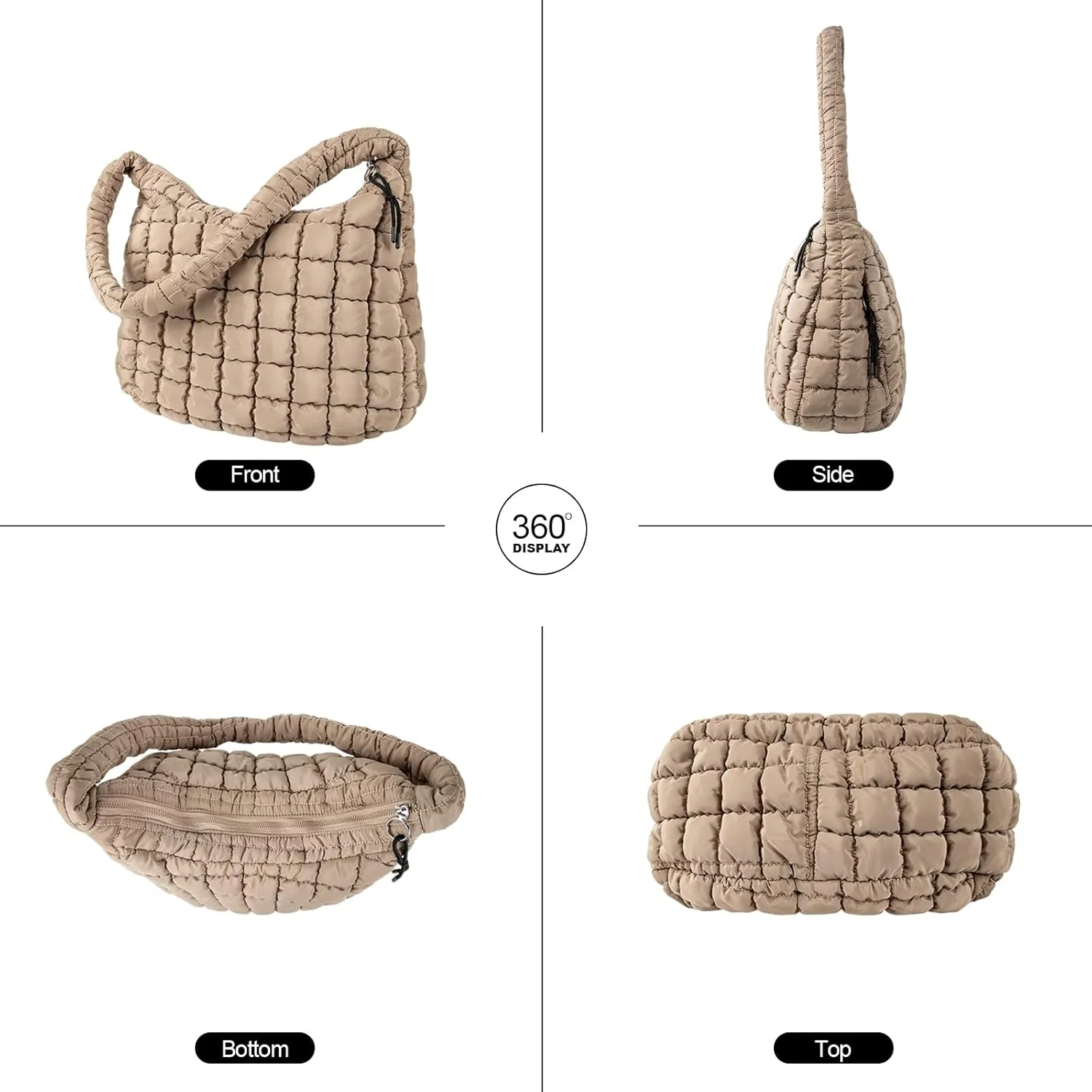 Quilted Puffer Tote Bag Large Crossbody Shoulder Bag with Zipper, Nylon Bubble Hobo Handbag Carryall Bag for Women