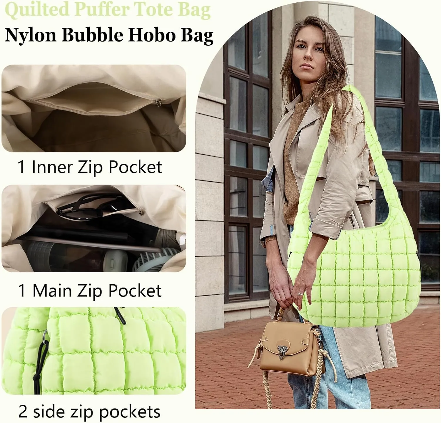 Quilted Puffer Tote Bag Large Crossbody Shoulder Bag with Zipper, Nylon Bubble Hobo Handbag Carryall Bag for Women