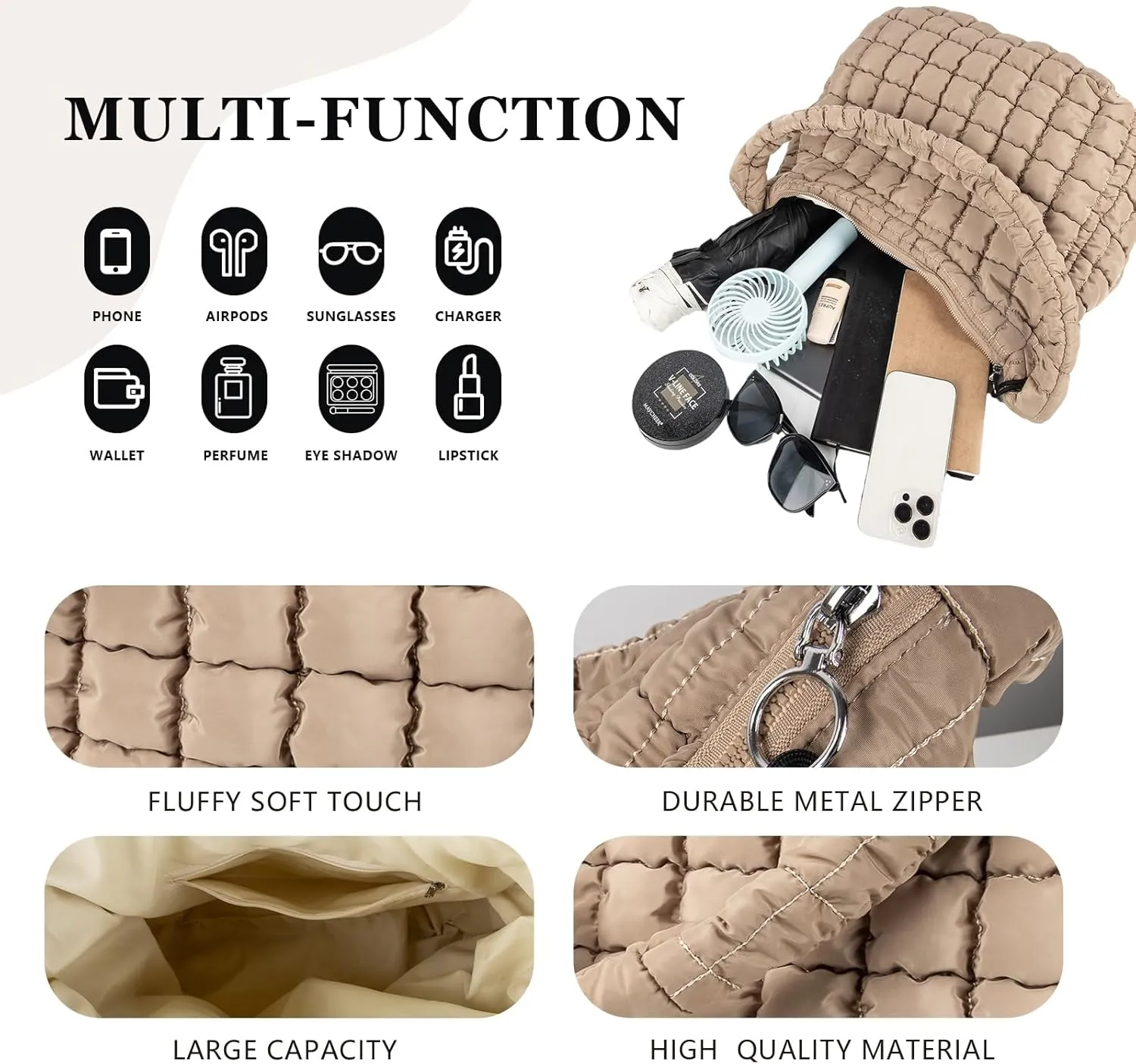 Quilted Puffer Tote Bag Large Crossbody Shoulder Bag with Zipper, Nylon Bubble Hobo Handbag Carryall Bag for Women