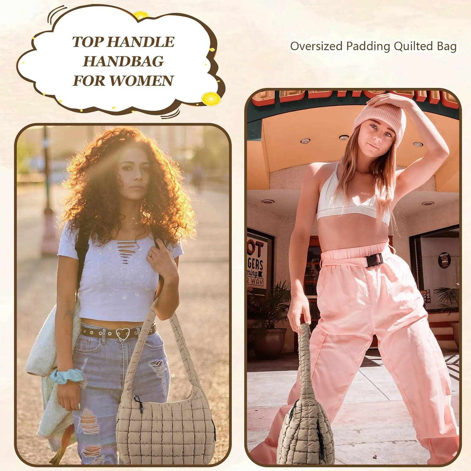 Quilted Puffer Tote Bag Large Crossbody Shoulder Bag with Zipper, Nylon Bubble Hobo Handbag Carryall Bag for Women