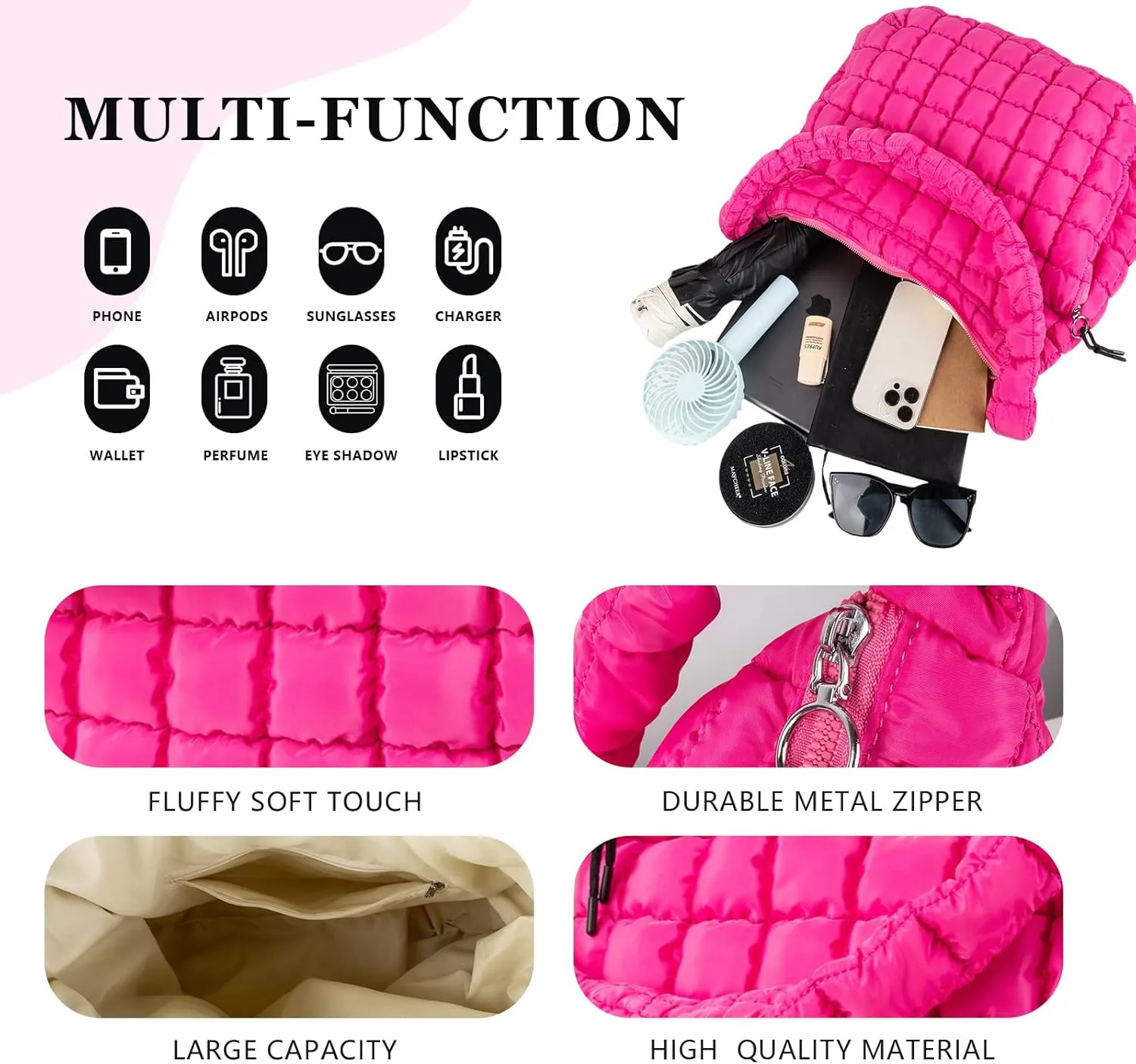 Quilted Puffer Tote Bag Large Crossbody Shoulder Bag with Zipper, Nylon Bubble Hobo Handbag Carryall Bag for Women