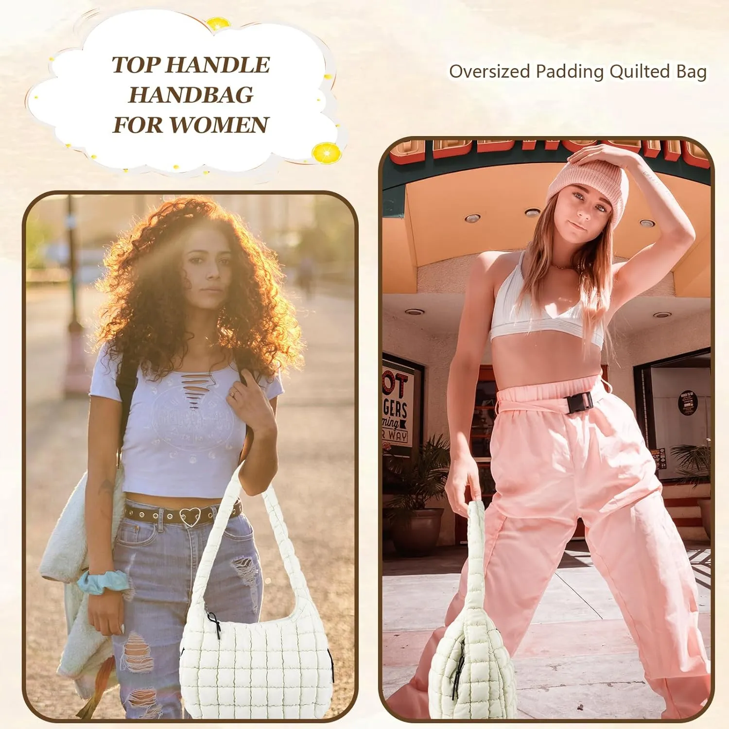 Quilted Puffer Tote Bag Large Crossbody Shoulder Bag with Zipper, Nylon Bubble Hobo Handbag Carryall Bag for Women