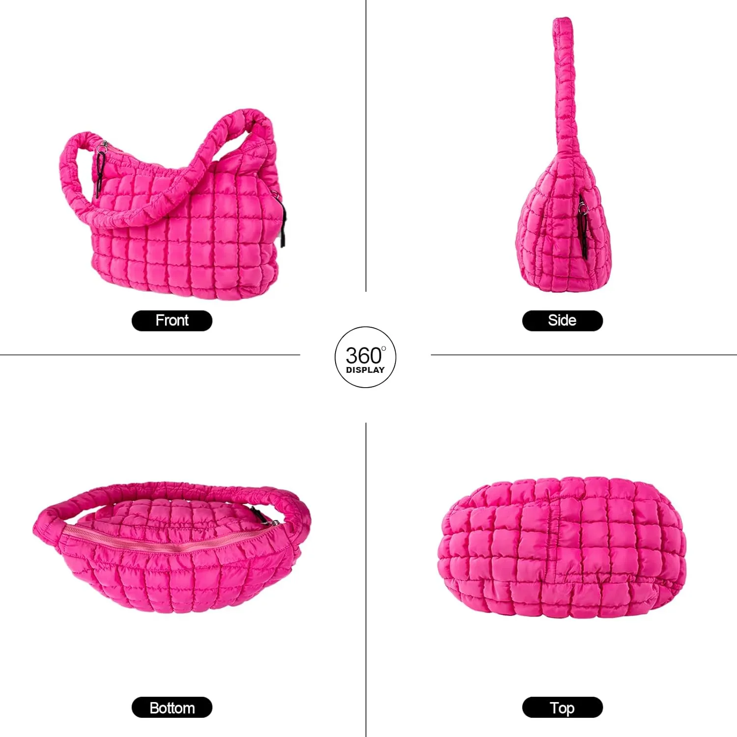 Quilted Puffer Tote Bag Large Crossbody Shoulder Bag with Zipper, Nylon Bubble Hobo Handbag Carryall Bag for Women
