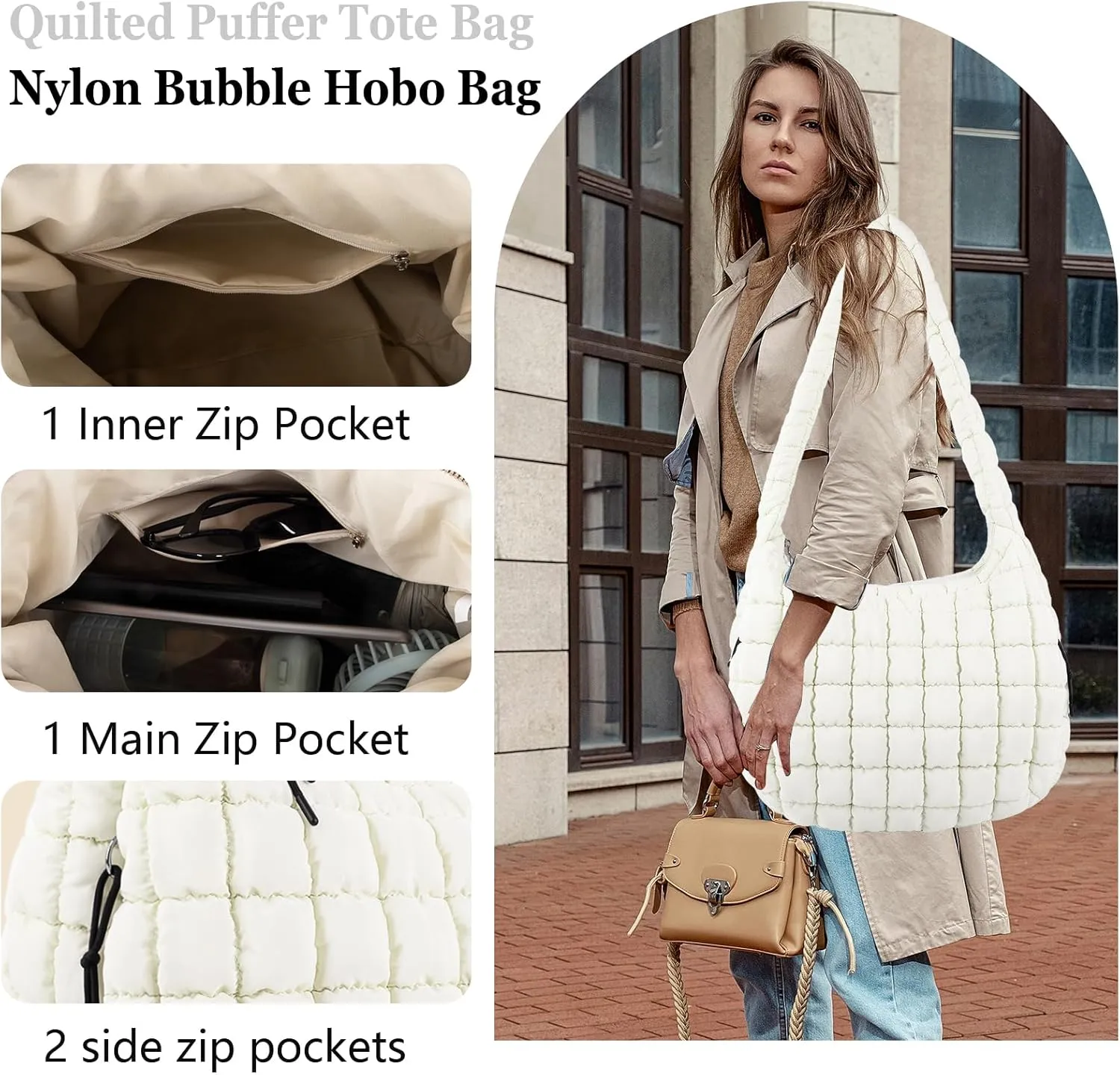 Quilted Puffer Tote Bag Large Crossbody Shoulder Bag with Zipper, Nylon Bubble Hobo Handbag Carryall Bag for Women