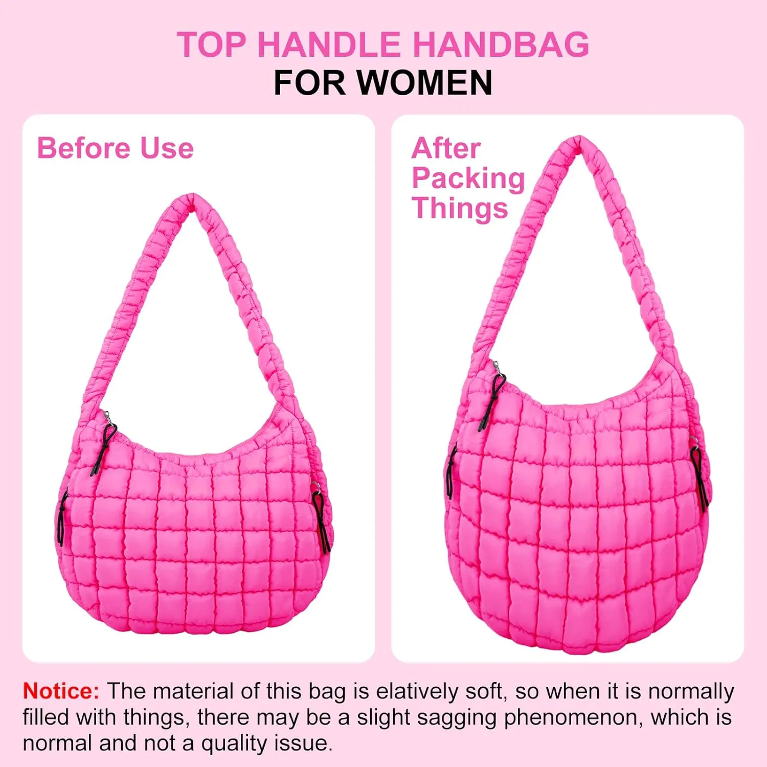 Quilted Puffer Tote Bag Large Crossbody Shoulder Bag with Zipper, Nylon Bubble Hobo Handbag Carryall Bag for Women