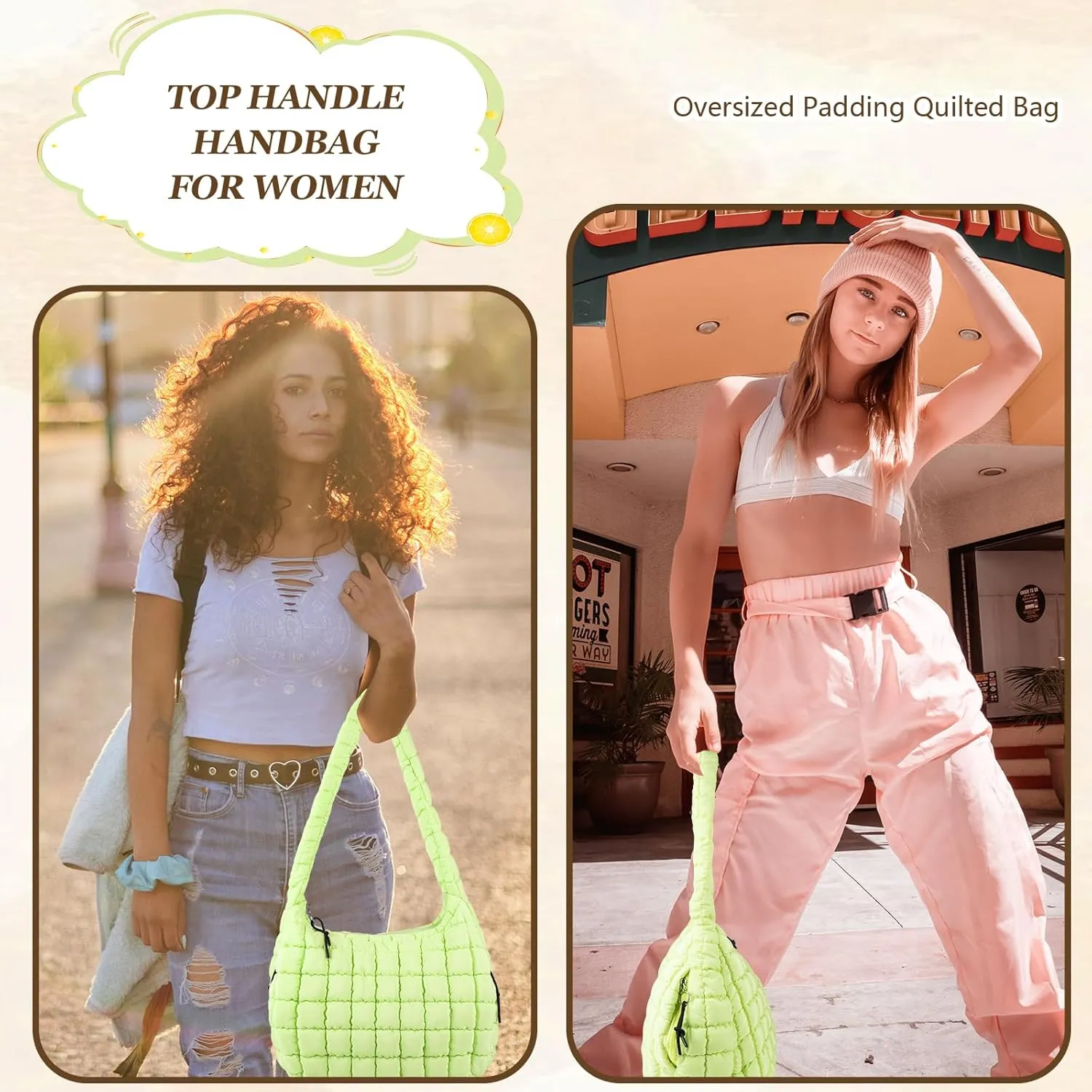 Quilted Puffer Tote Bag Large Crossbody Shoulder Bag with Zipper, Nylon Bubble Hobo Handbag Carryall Bag for Women