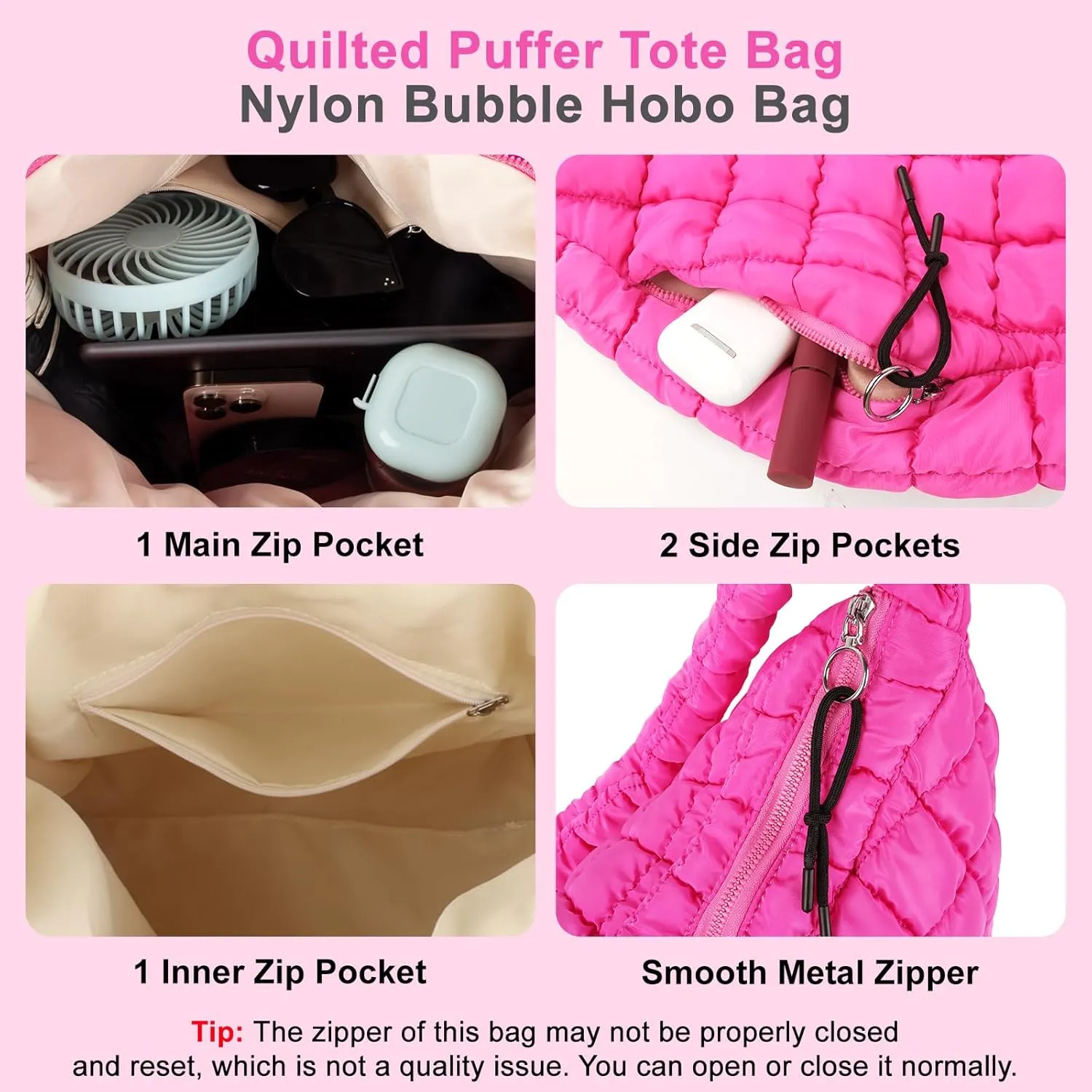 Quilted Puffer Tote Bag Large Crossbody Shoulder Bag with Zipper, Nylon Bubble Hobo Handbag Carryall Bag for Women
