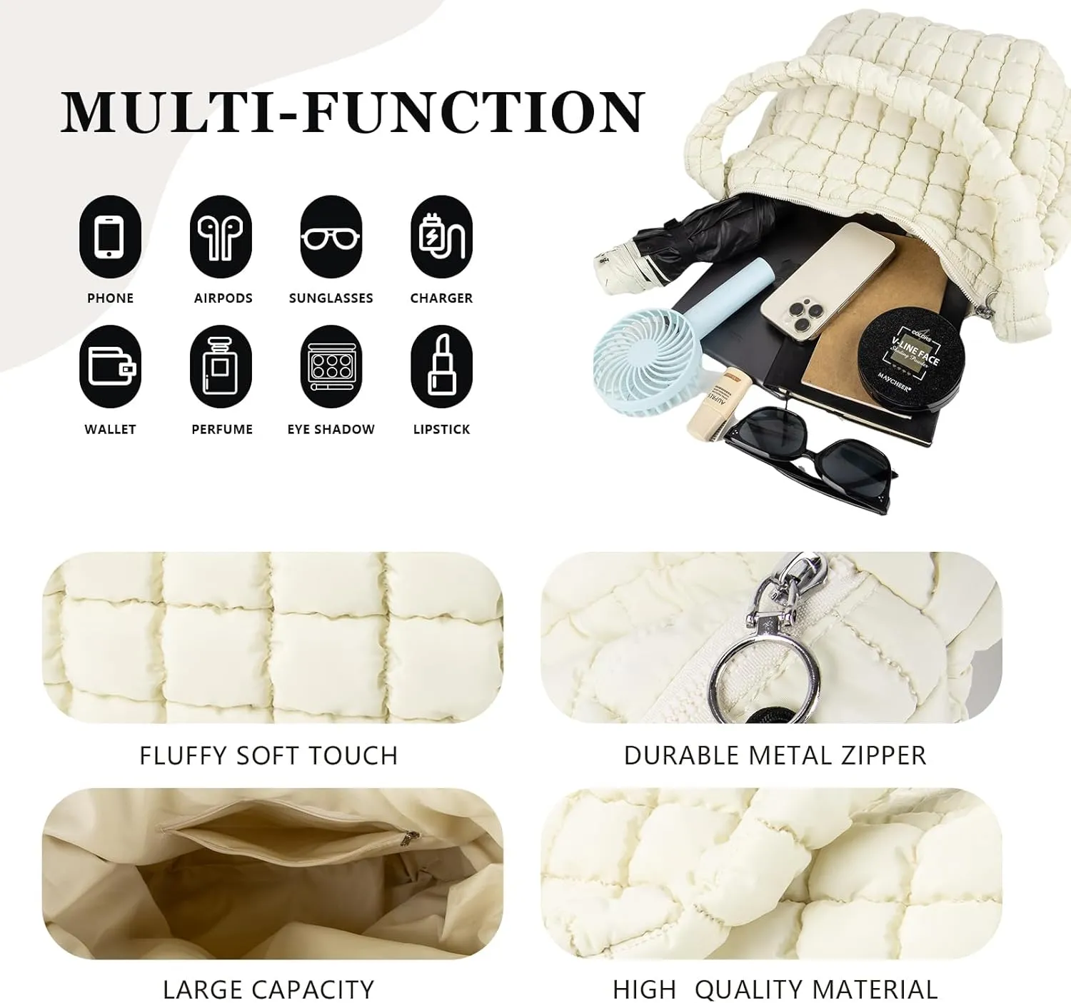 Quilted Puffer Tote Bag Large Crossbody Shoulder Bag with Zipper, Nylon Bubble Hobo Handbag Carryall Bag for Women